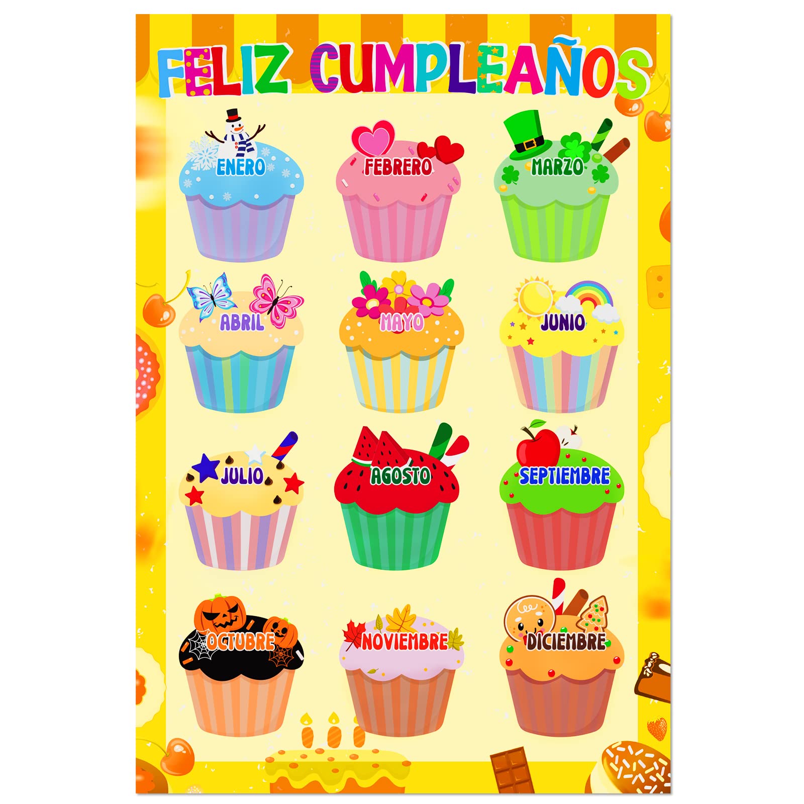 Waahome Spanish Happy Birthday Chart Poster For Classroom Decorations 12'X17.3' Cupcakes Espaol Classroom Birthday Poster Cale