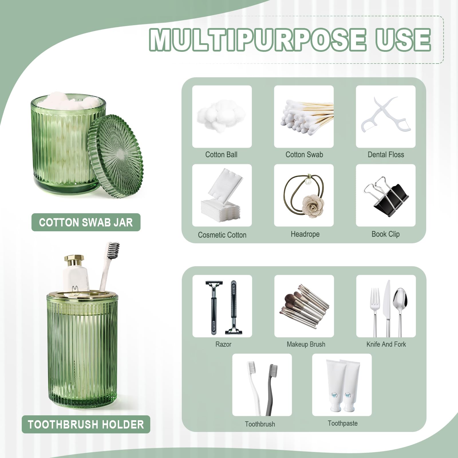 Green Glass Bathroom Accessories 4 Pcs, Green Bathroom Set, Green Soap Dispenser And Toothbrush Holder Set, Qtip Holder Set, Vin