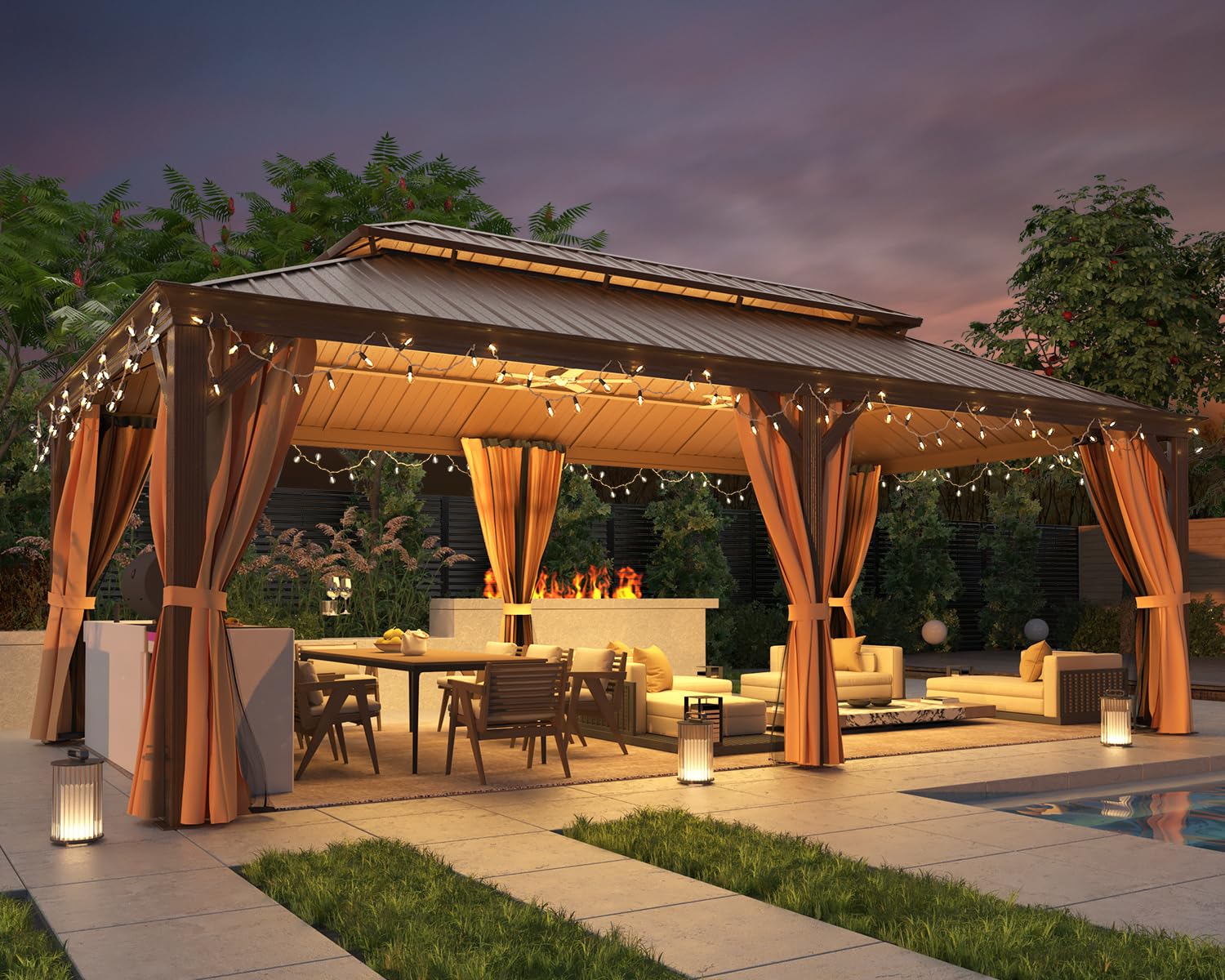 Mellcom 12' X 22' Hardtop Gazebo,Galvanized Steel Metal Double Roof Aluminum Gazebo With Curtain And Netting,Brown Permanent Pav