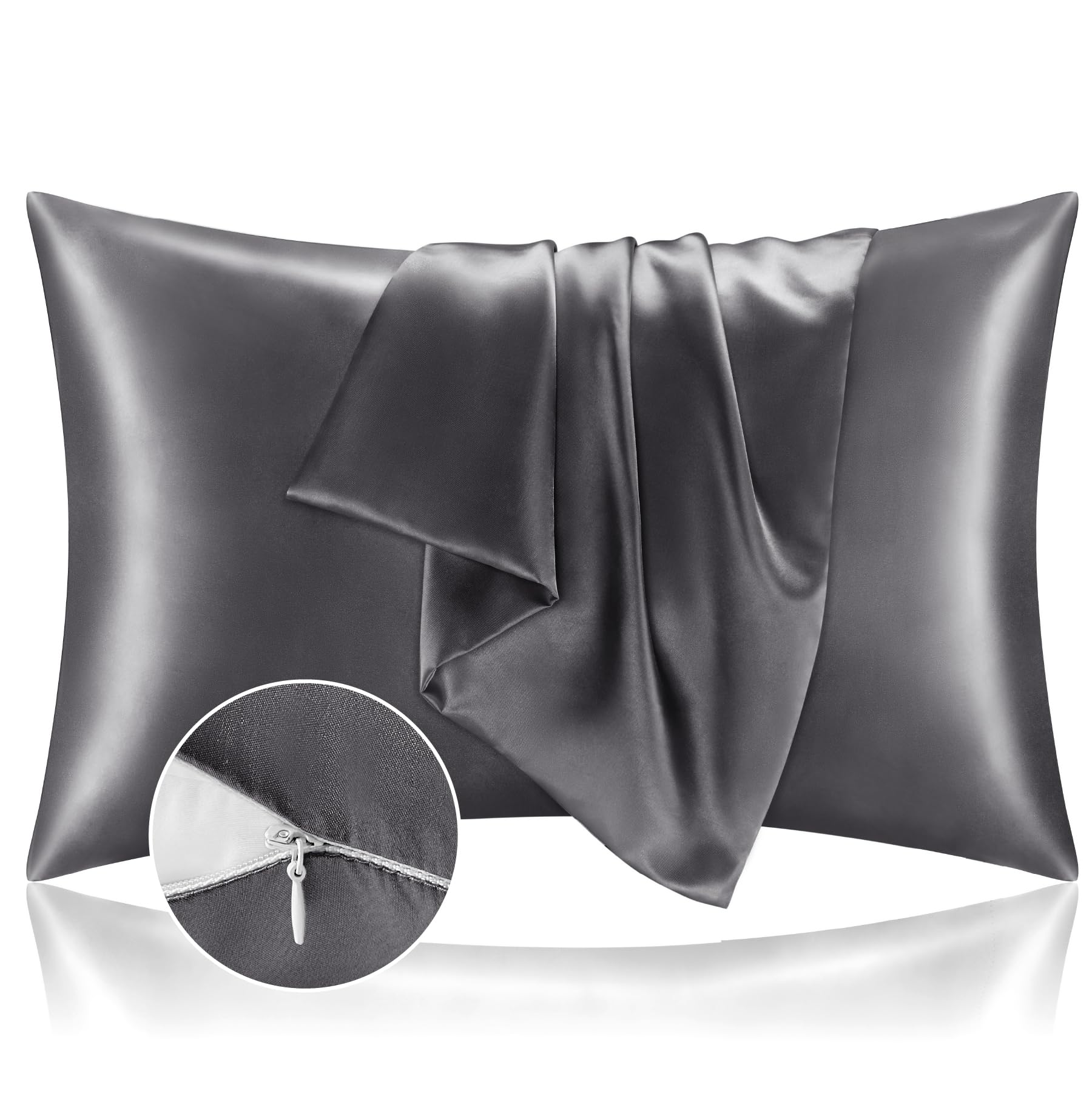 Bedelite Satin Pillowcase With Zipper, Dark Grey Pillow Cases Queen Size Set Of 2, Super Soft And Cooling Similar To Silk Pillow