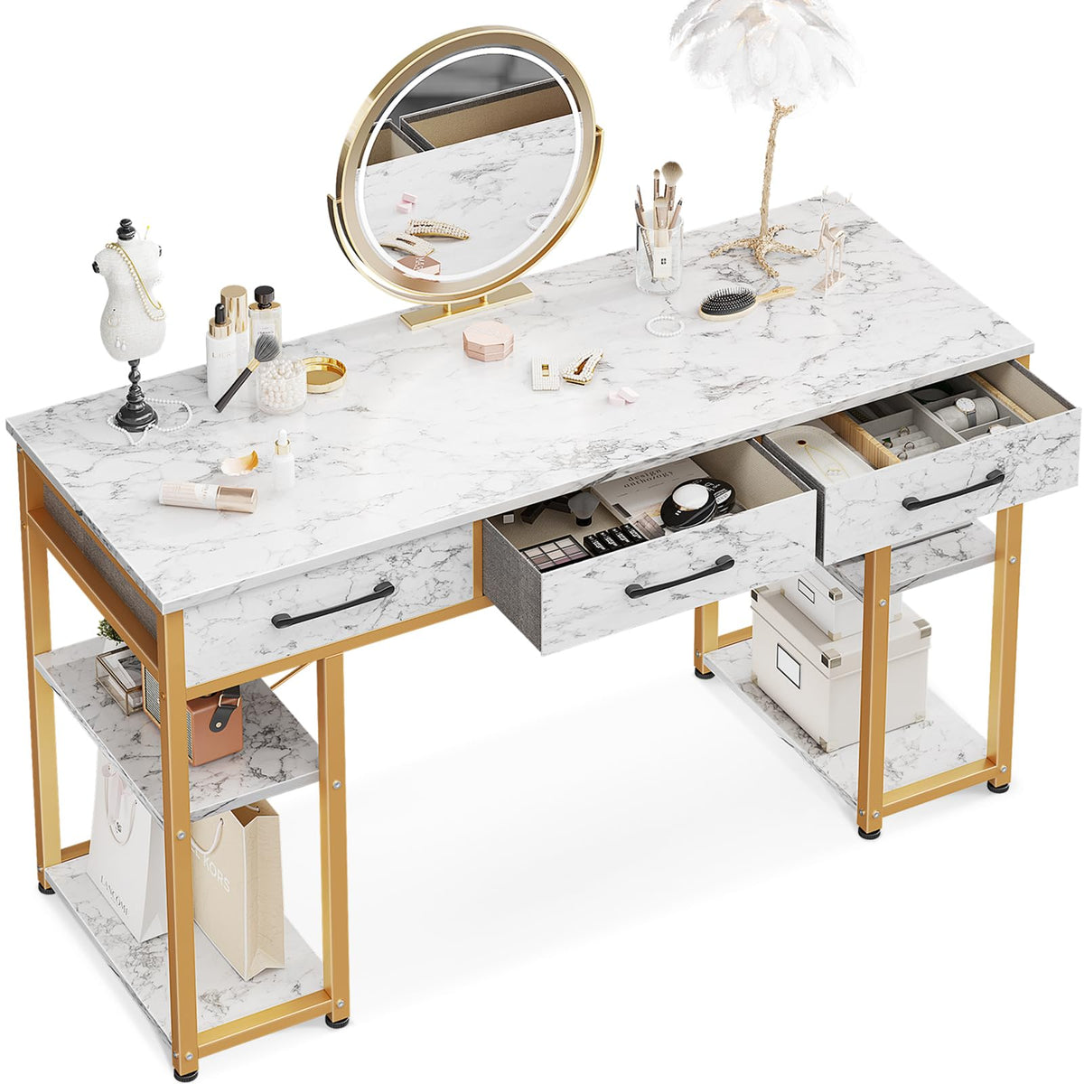 Odk Vanity Desk With 3 Fabric Drawers & Storage Shelves, Makeup Dressing Table, Home Office Desks For Bedroom, Small Modern Writing Desk For Girls Bedroom, White And Gold, 48'X16' (No Mirror)