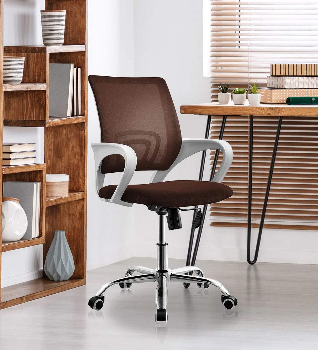 Finch Fox Low Back Royal Ergonomic White Body Desk Mesh Office Study Desk Chair In Brown Color