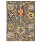HomeRoots 509337 10 x 13 ft. Gray Charcoal Yellow Blue Rust Red Pink Green & Ivory Oriental Power Loom Stain Resistant Rectangle Area Rug with Fringe