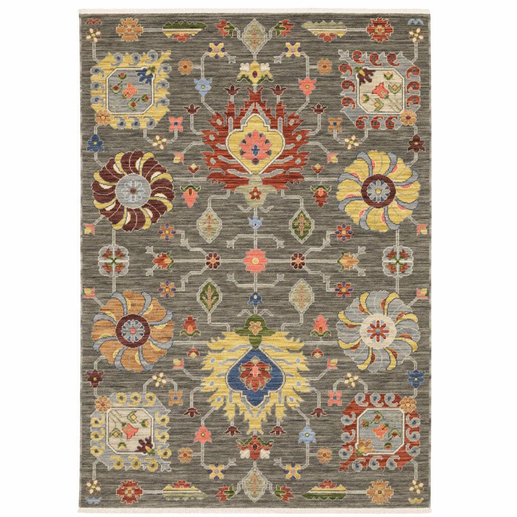 HomeRoots 509335 6 x 9 ft. Gray Charcoal Yellow Blue Rust Red Pink Green & Ivory Oriental Power Loom Stain Resistant Rectangle Area Rug with Fringe