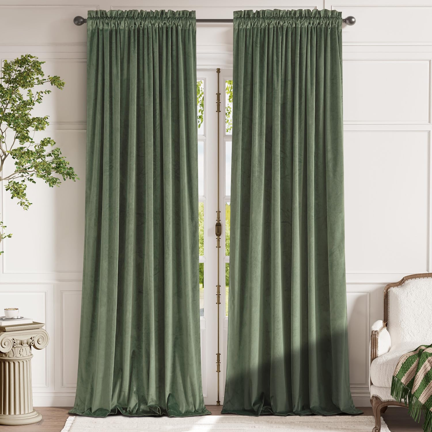 Lazzzy Sage Green Velvet Curtains Thermal Insulated Curtains 120 Inch Long Room Darkening Window Drapes For Bedroom Living Room Luxury Window Treatment 2 Panels, W62 X L120