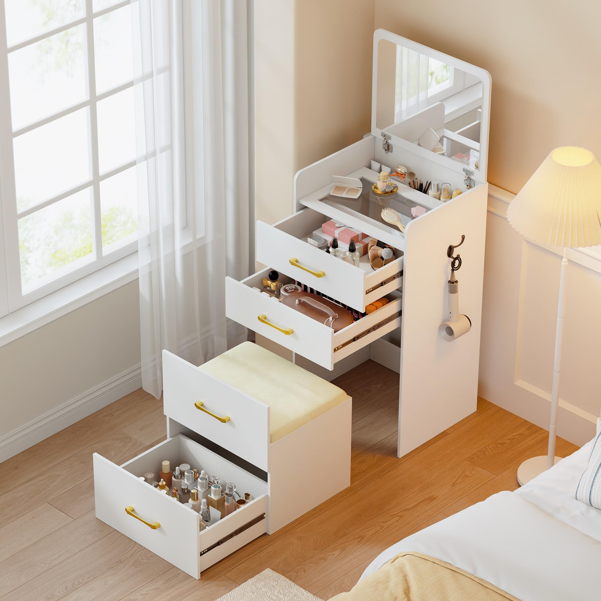 Lvifur 3-in-1 Vanity Desk with Flip Top Mirror, Makeup Vanity Table with Cushioned Stool for Small Space, Compact Dressing Table