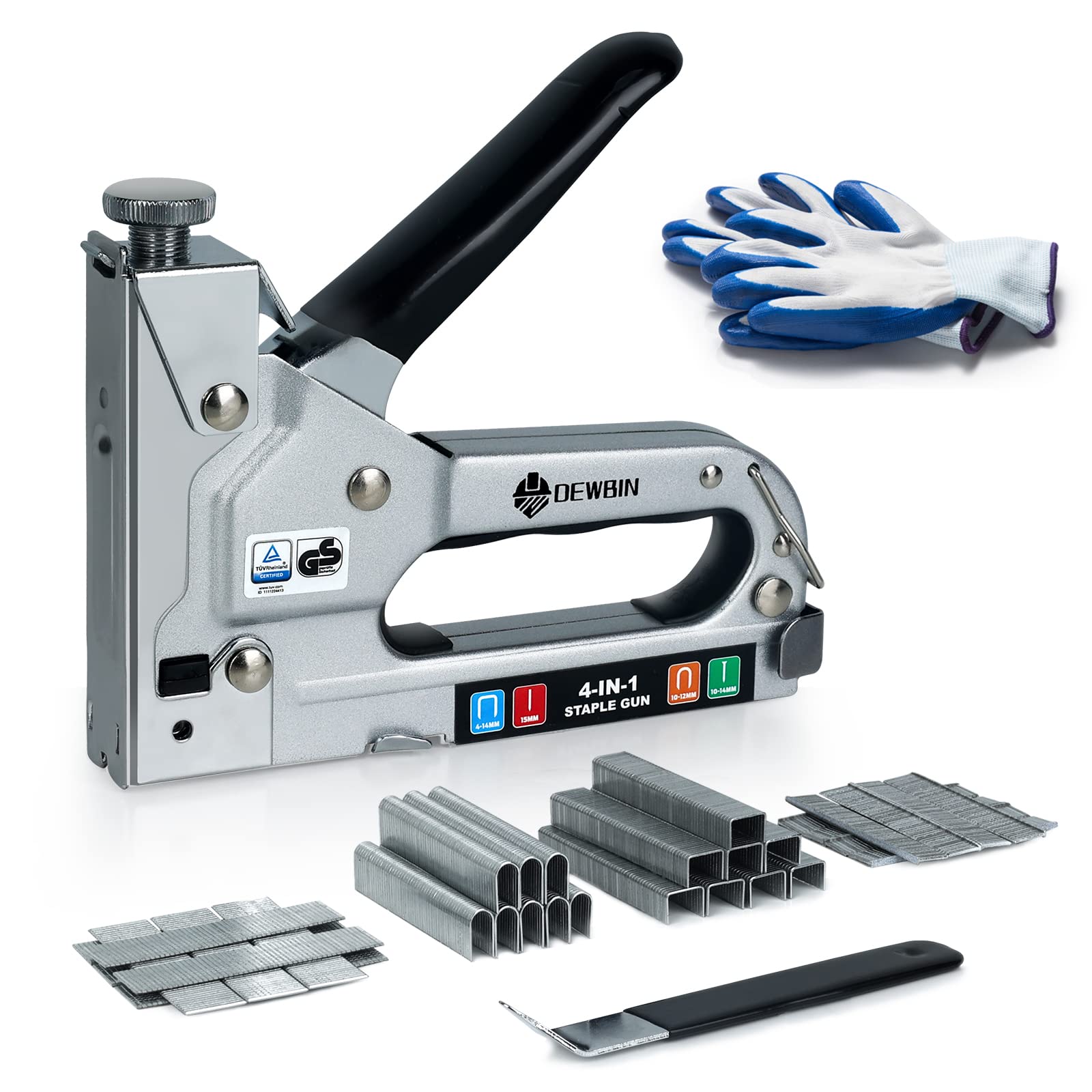 Upholstery Staple Gun Heavy Duty, Dewbin 4 In 1 Stapler Gun With 2000 Staples, Remover, Manual Brad Nailer Power Adjustment Stap