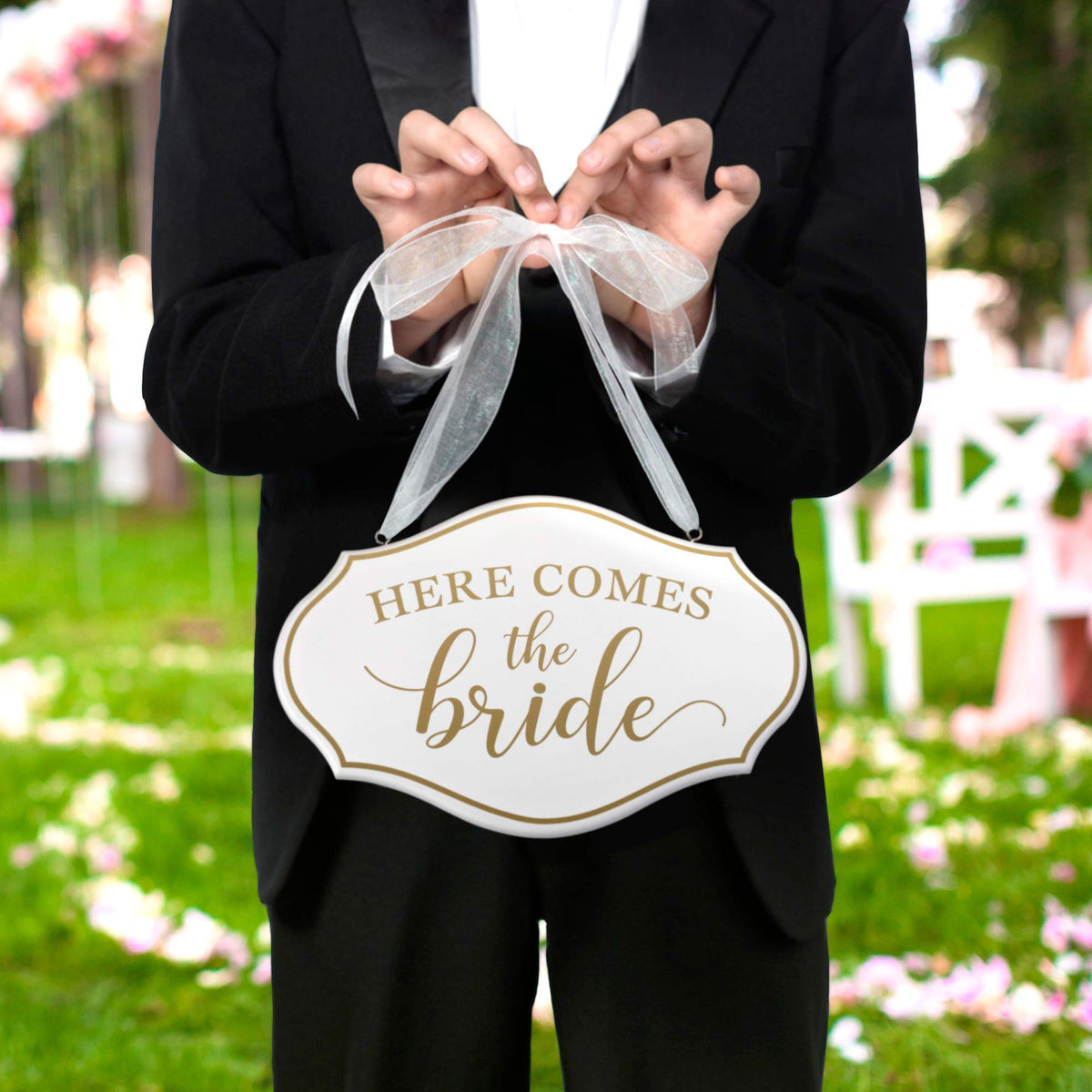 Lillian Rose Comes The Bride Flower Girl Ring Bearer Sign, 11'X7', White