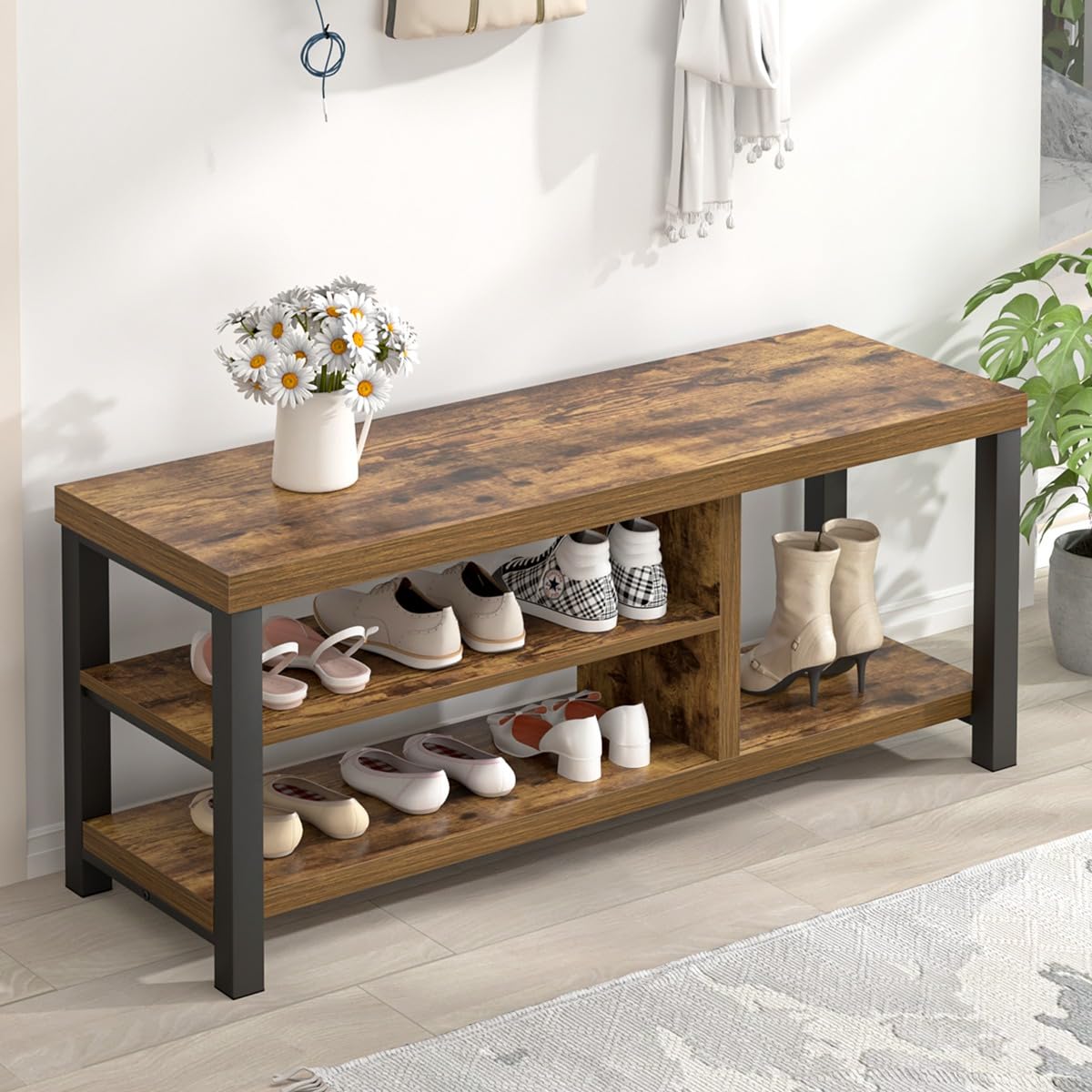 EXCEFUR Shoe Bench, Modern Wood Storage Bench for Entryway Hallway, Industrial Indoor Shoe Rack Bench Seat for Living Room Bedro