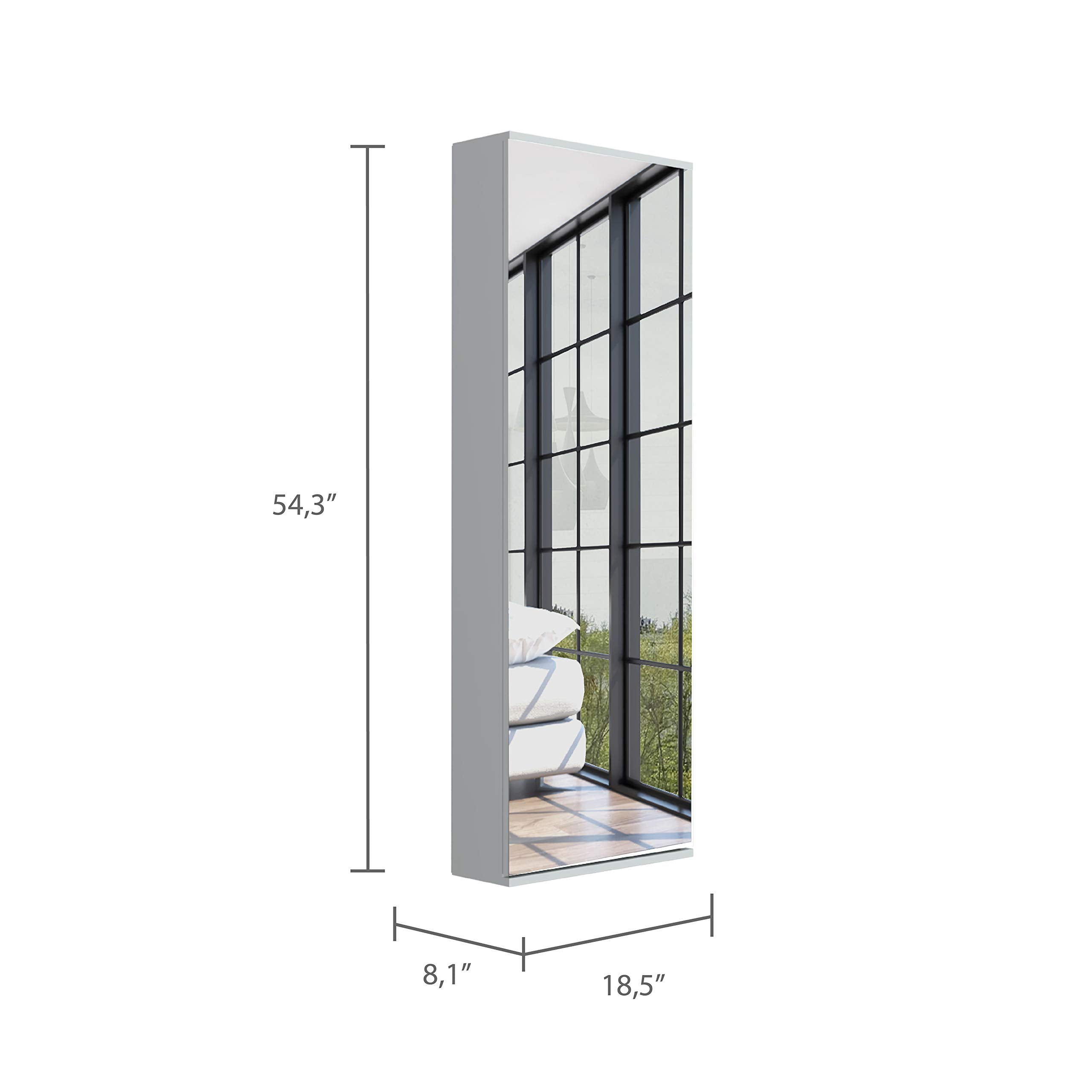 Baltimore Wall Mounted Shoe Rack With Mirror, Single Door, And Five Internal Storage Shelves, Approximate Capacity For Ten Shoes, 54&Quot; H, White, Bedroom