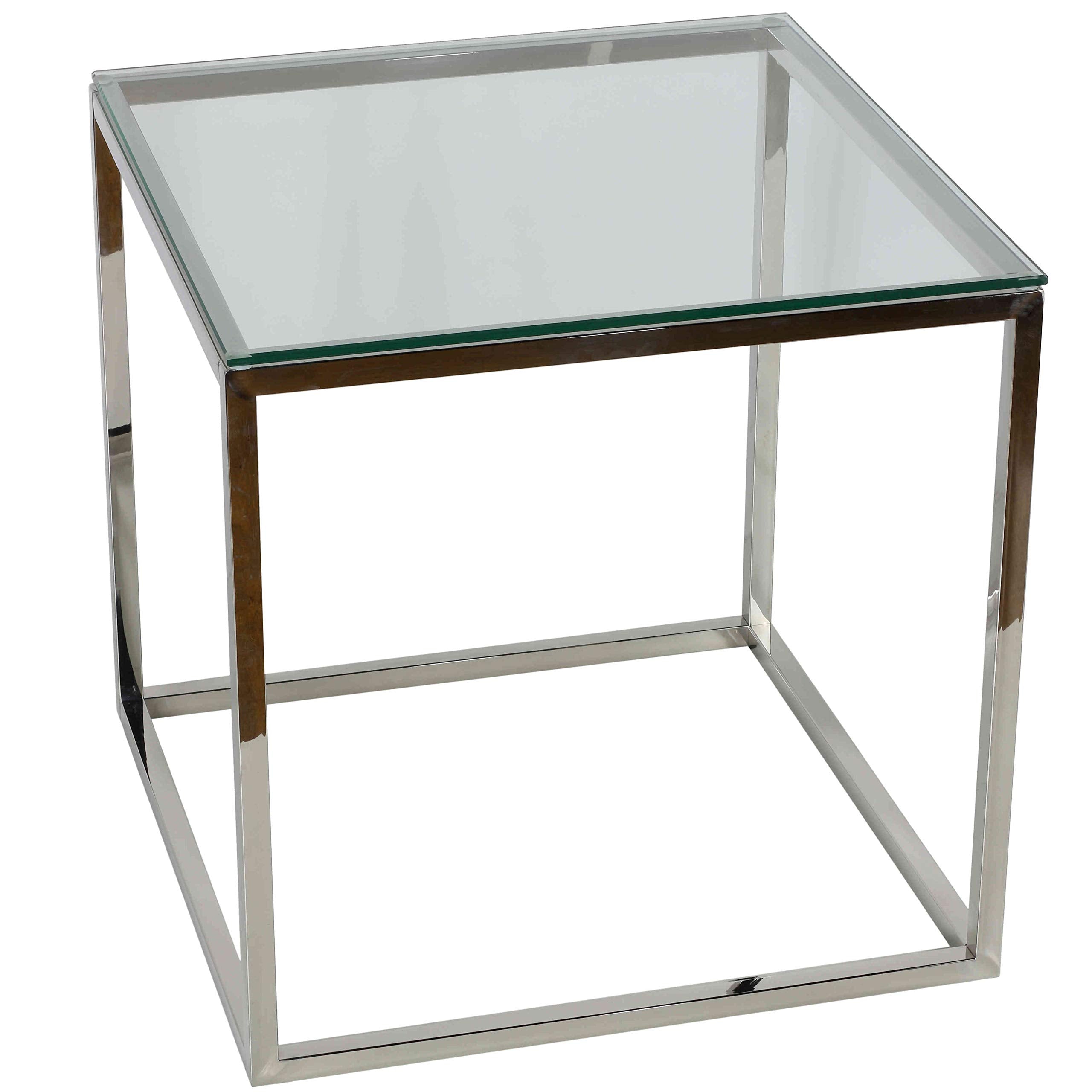 Cortesi Home Kent End Table, 22 Square, Silver Stainless Steel with Glass Top