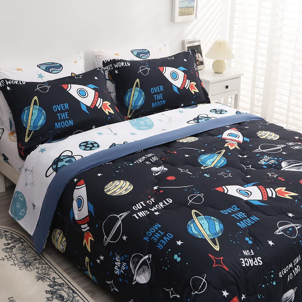 Wajade Kids Space Comforter Set Bed In A Bag Twin Size 7 Piece 3D Space Rocket Planets Bedding Set For Teens Boys Girls (1 Comfo