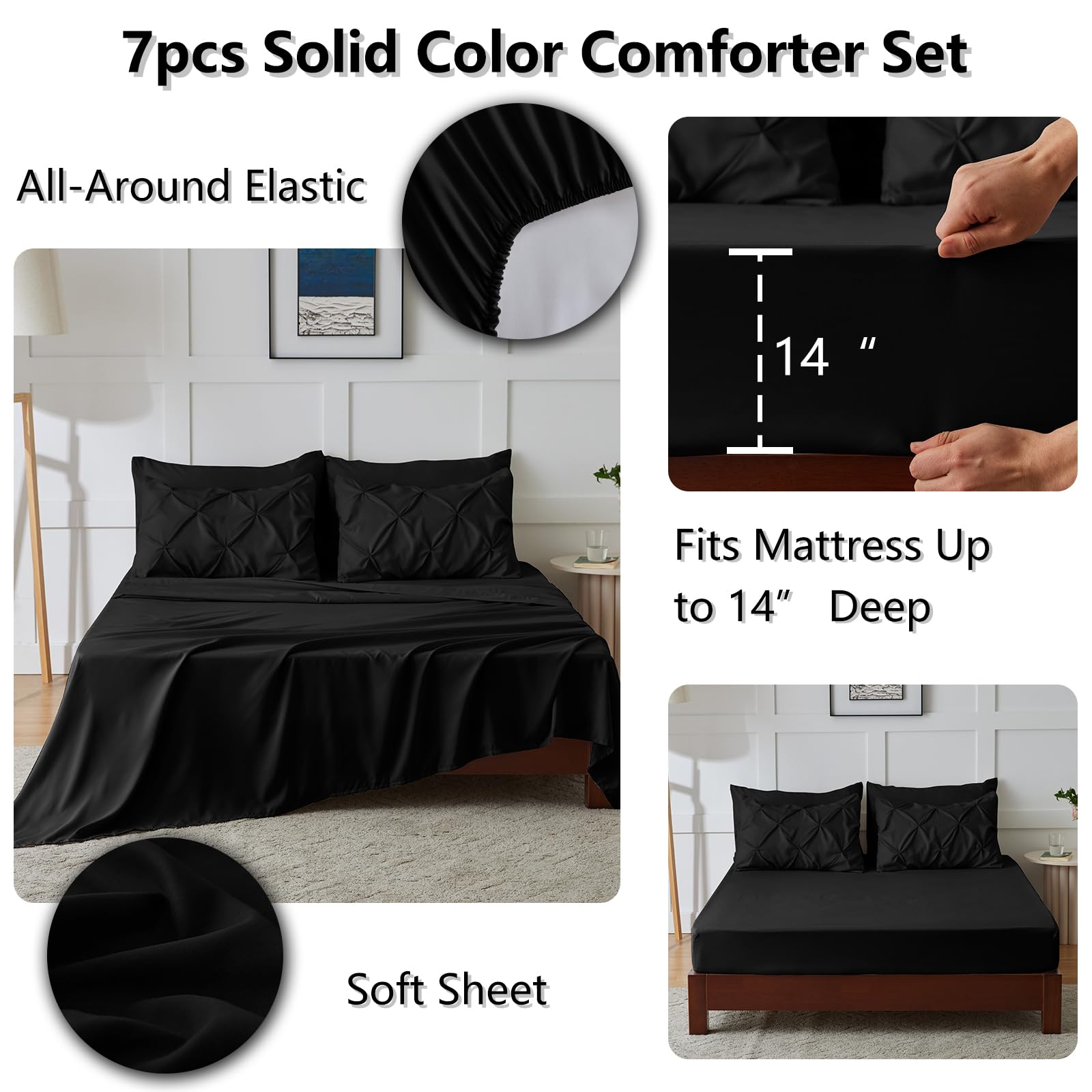 Himeet Queen Bed In A Bag Set 7 Pieces Bedding Set Pintuck Queen Bed Comforter Set Pinch Pleat Queen Size Bed In A Bag Black