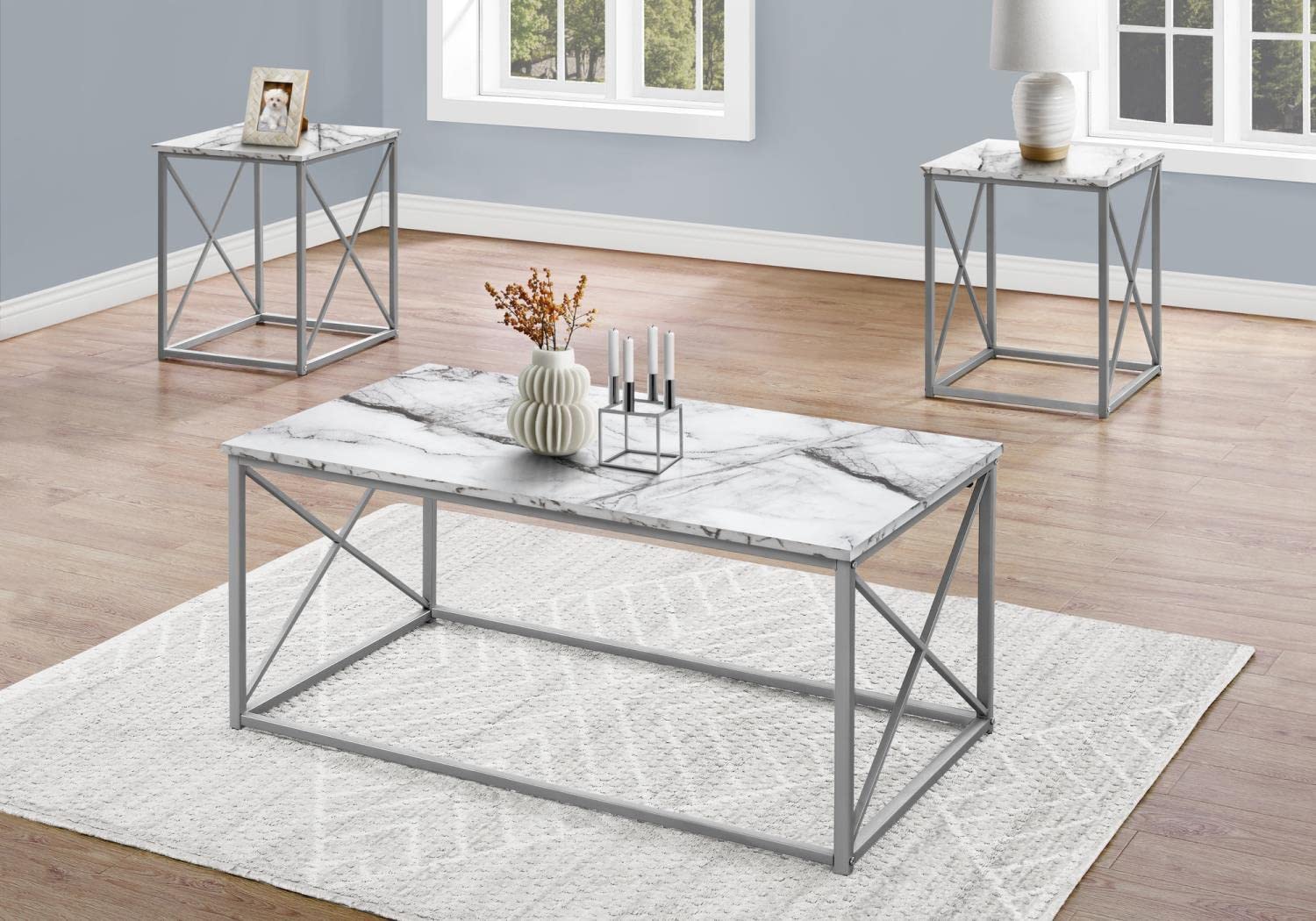 Monarch Specialties I 7953P Table Set, 3pcs Set, Coffee, End, Side, Accent, Living Room, Metal, Laminate, White Marble Look, Grey, Contemporary, Modern