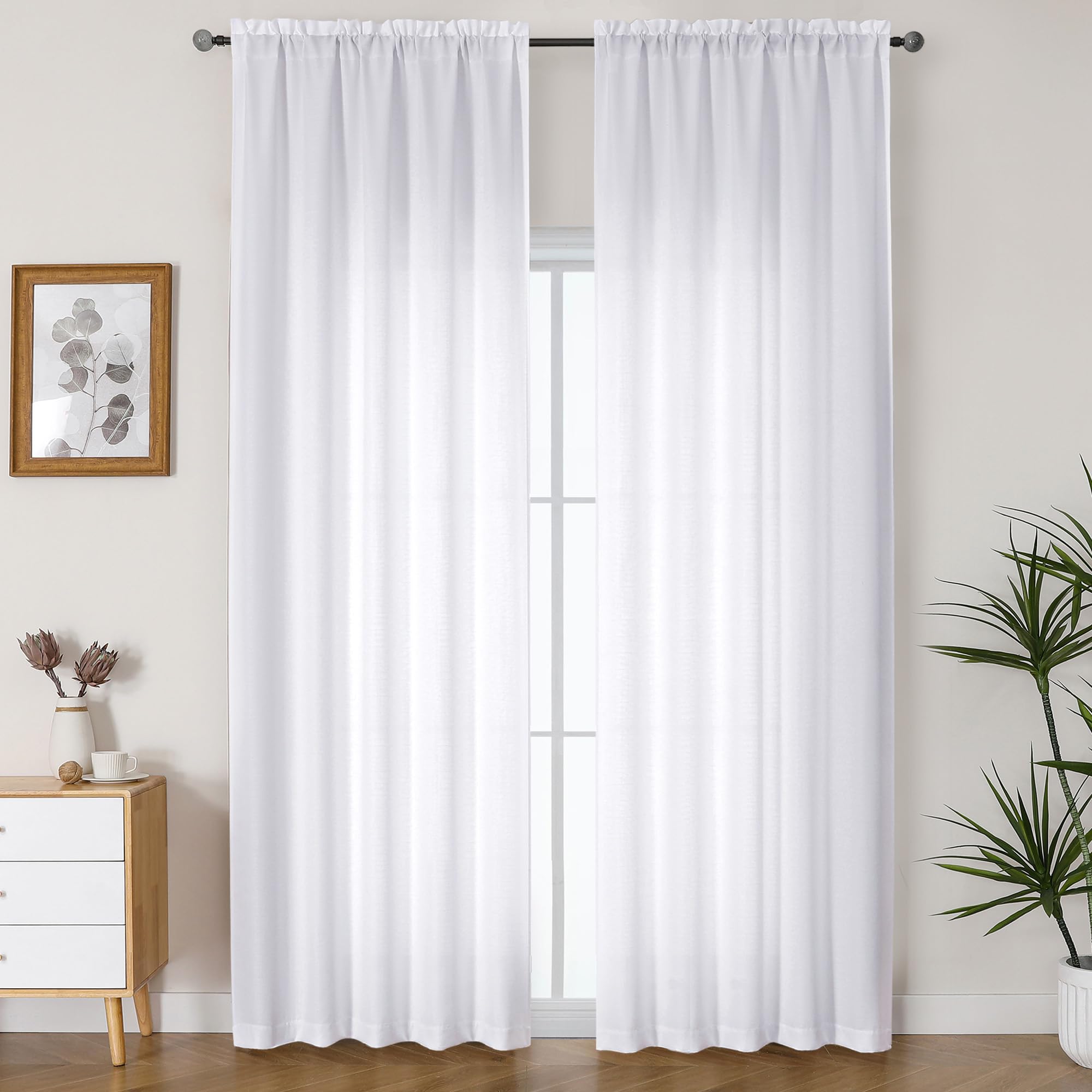 Lecloud Bessie White Curtains 96 Inches Long 2 Panels, Airy Faux Linen Textured Light Filtering Privacy Drapes with Rod Pocket, 