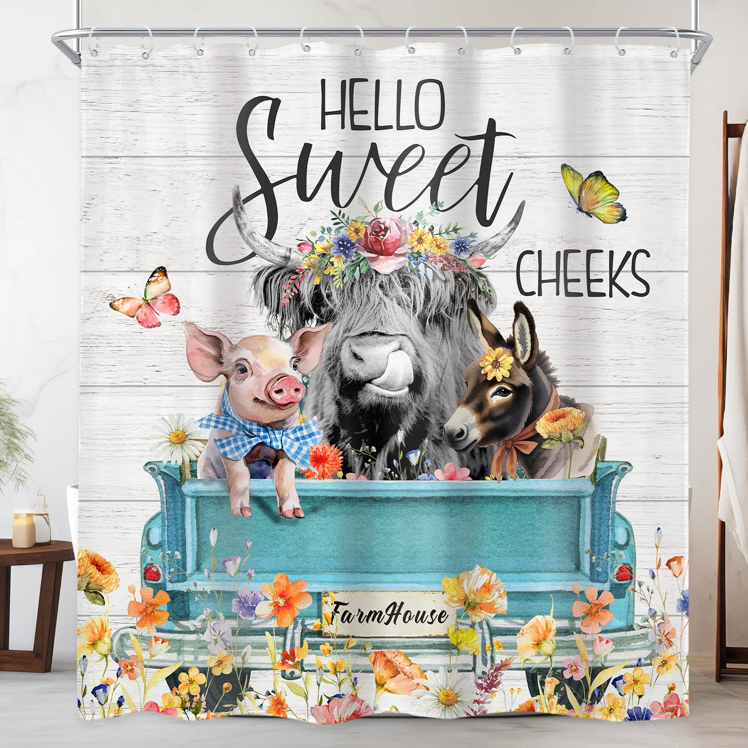 Newsely Highland Cow Farm Shower Curtains For The Bathroom, Cute Cow Chicken And Pig With Flowers On Truck Bathroom Set, Western