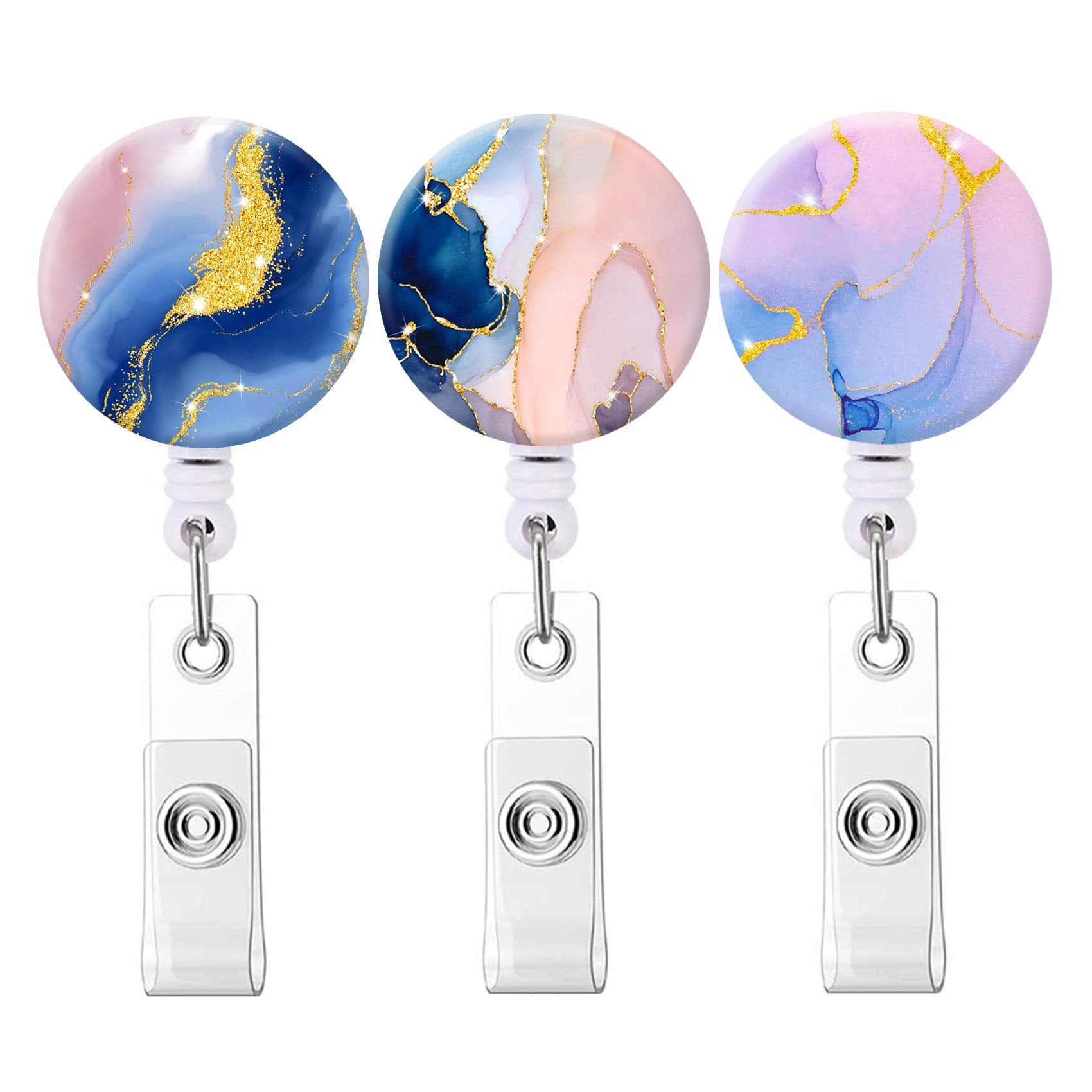 Retractable Badge Holders, Cute Nursing Badge Reel, Badge Clip Id Card Holders (3Pack Pretty Marble-3)