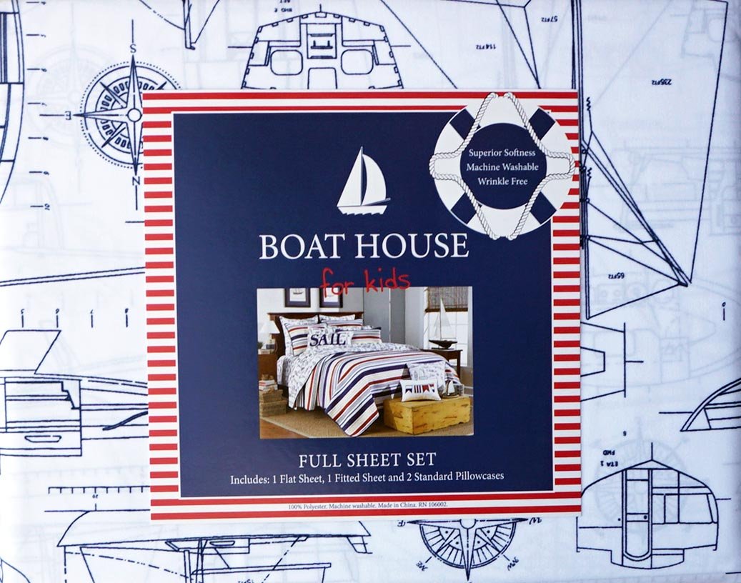 Boat House Kids Bedding 4 Piece Full Sheet Set Nautical Sail Boats Yachts Diagrams Blue On White