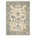 HomeRoots 509357 8 x 11 ft. Ivory Blue Gray Teal Gold Green & Rust Oriental Power Loom Stain Resistant Rectangle Area Rug with Fringe