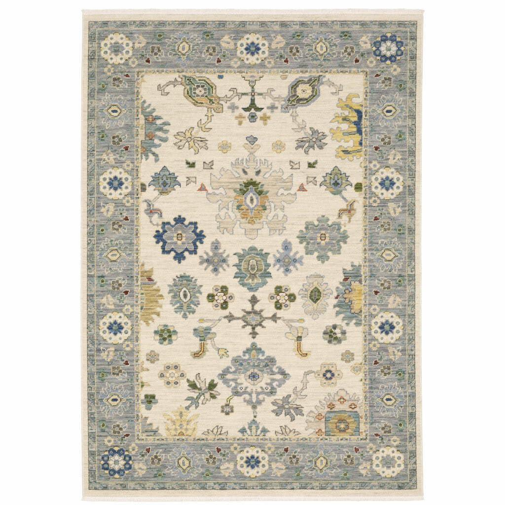 HomeRoots 509357 8 x 11 ft. Ivory Blue Gray Teal Gold Green & Rust Oriental Power Loom Stain Resistant Rectangle Area Rug with Fringe