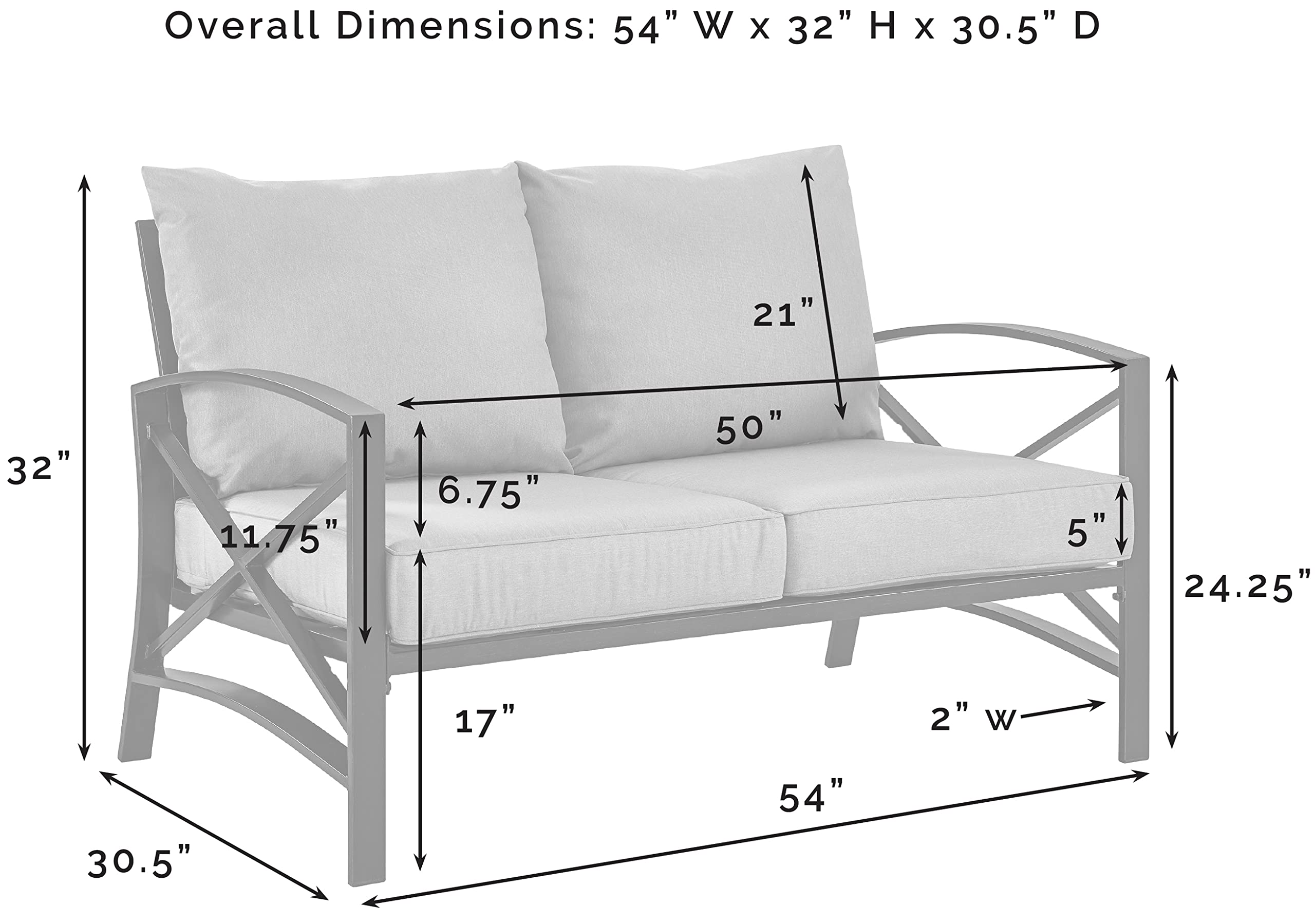 Crosley Furniture Kaplan Outdoor Loveseat, 2-Person Patio Couch for Porch, Deck, Backyard, Balcony, White with Mist Cushions