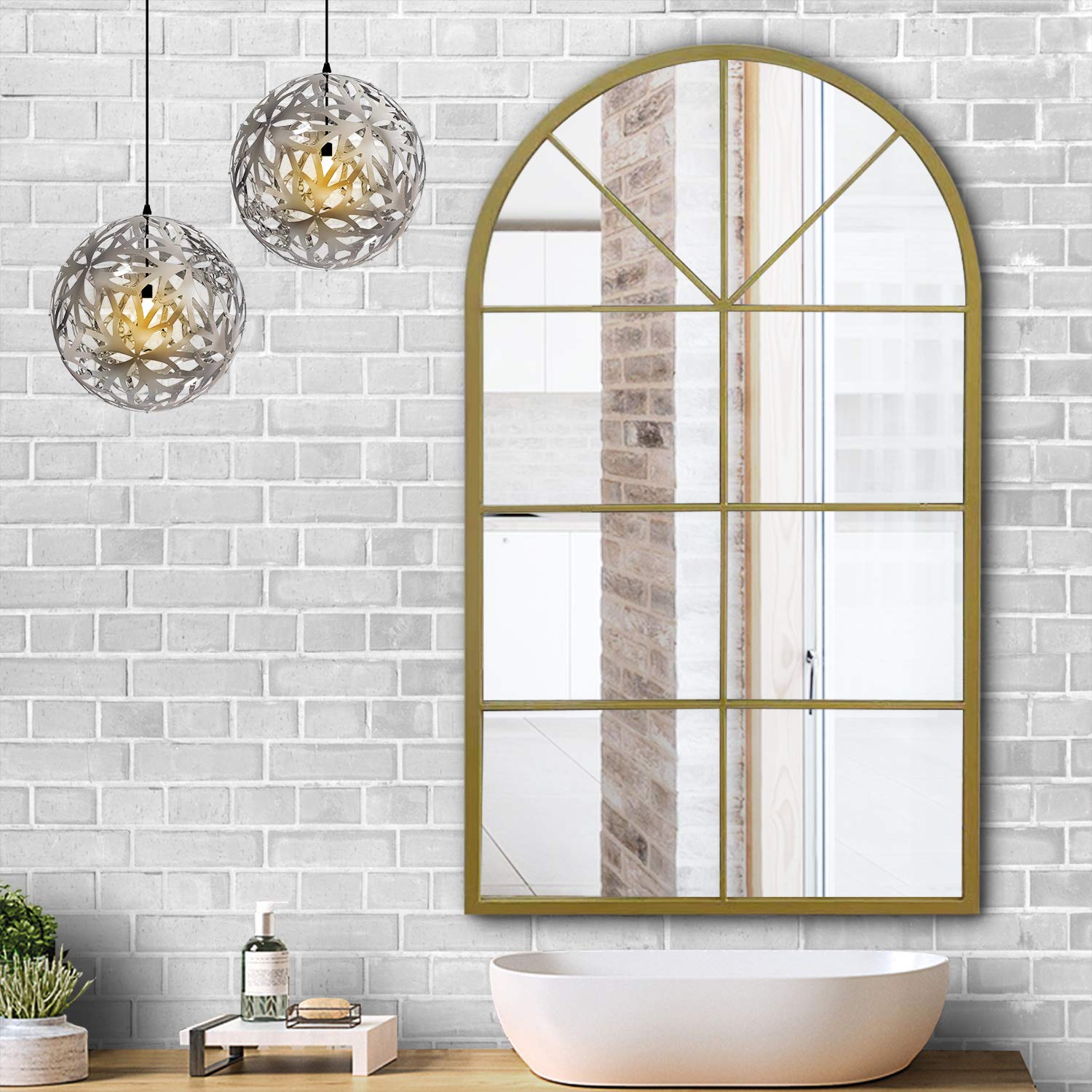 ironsmithn Large Arched Mirror, Gold Windowpane Mirror, 43.3x25.5 Window Finished Metal Mirror, Grid Mirror for Decor Living Roo