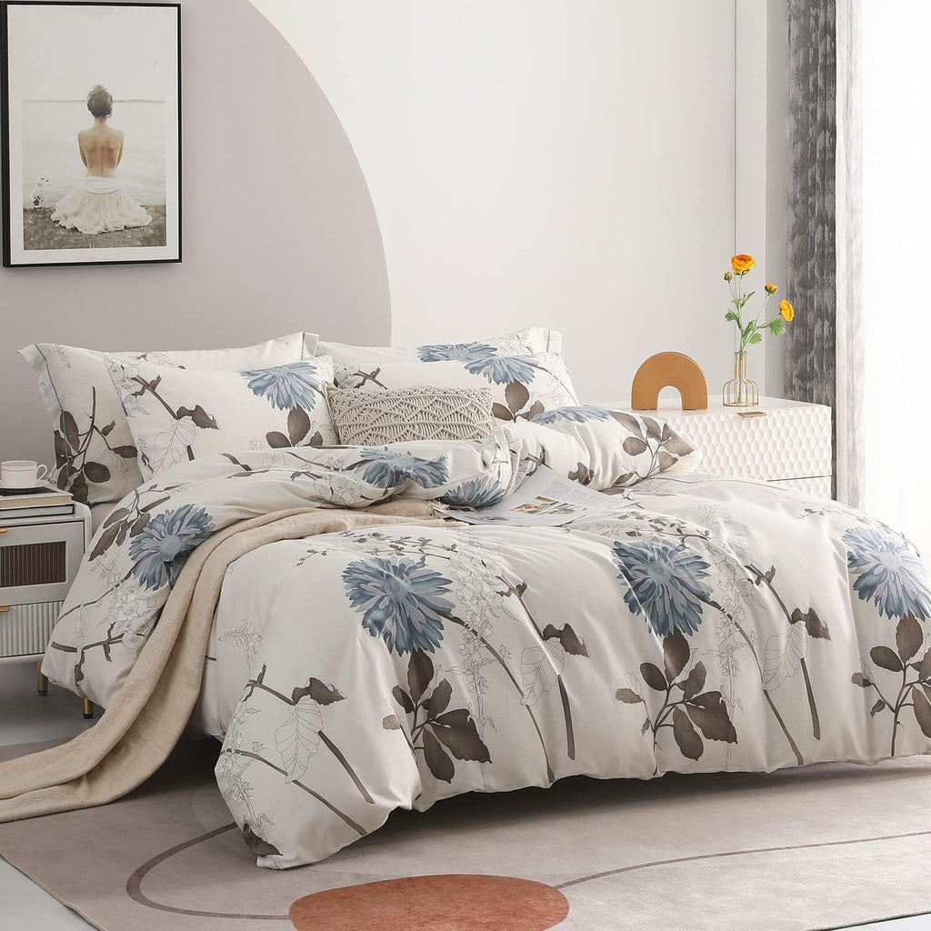 Sleepbella Comforter Twin Size, 600 Thread Count Cotton Brown Branches And Blue Flowers Off-White Comforter Sets, Down Alternati