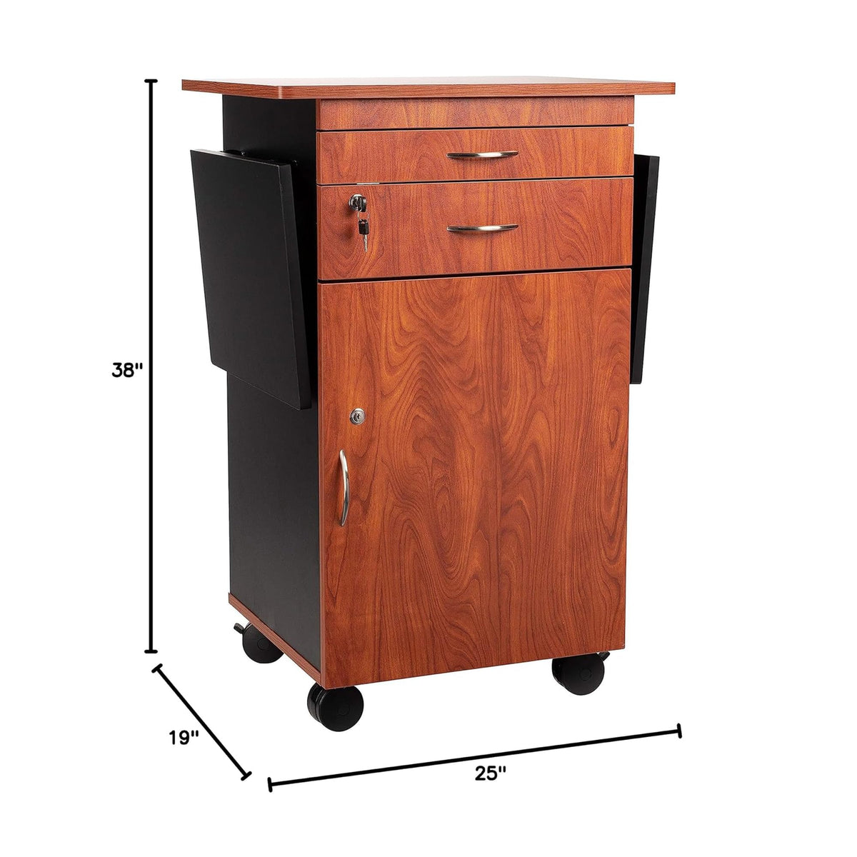 Oklahoma Sound Rolling Portable Multimedia Presentation Cart Stand with Wheels, Dual Flip-Up Side Shelves, Lockable Storage, Cherry/Black