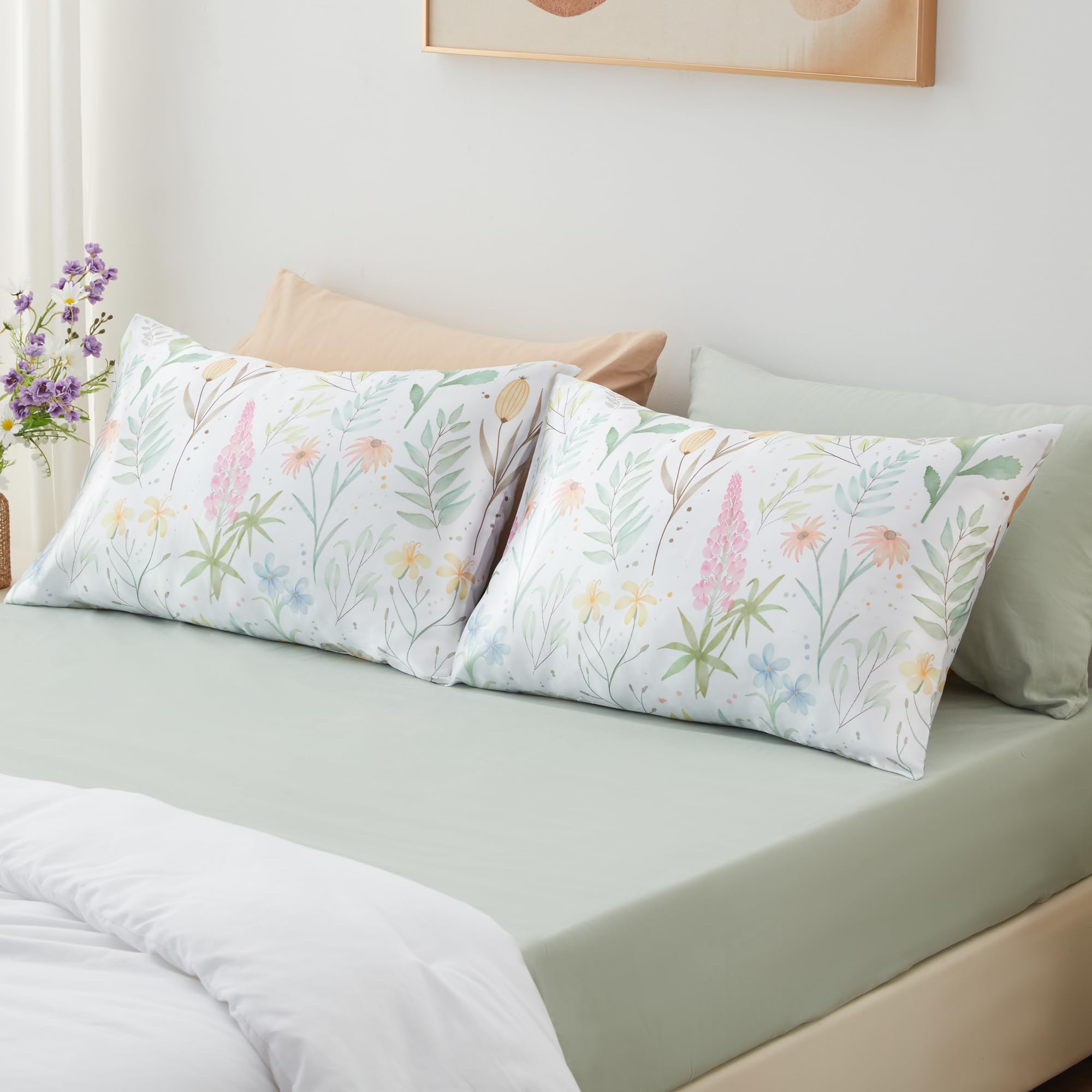 Exq Home Satin Pillowcase For Hair And Skin Queen - Multicolor Printed Flower Silk Pillowcase 2 Pack 20X30 Inches - Satin Pillow