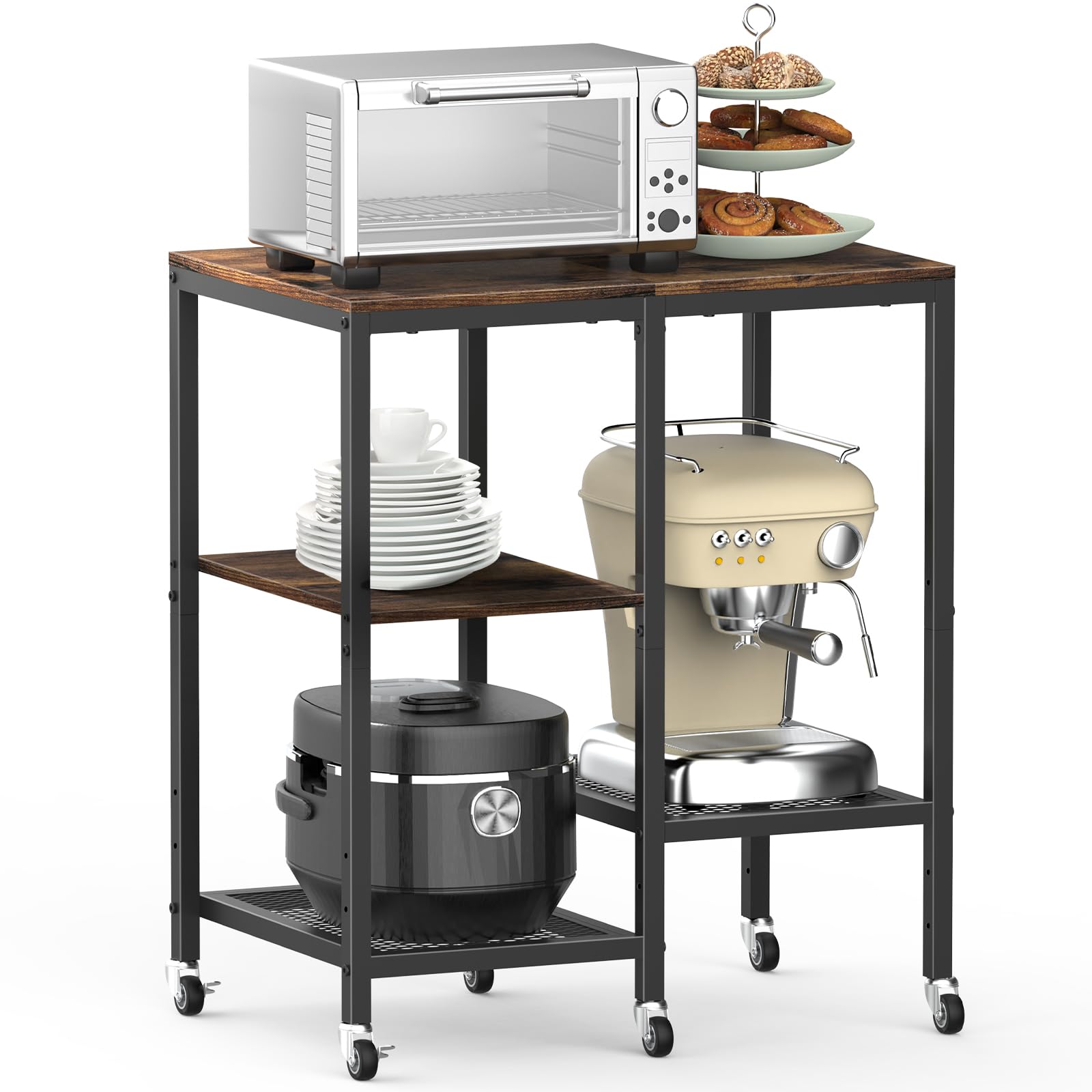 OGEMXU Kitchen Microwave Cart with Wheels,Coffee Bar Table Station,4-Tier Rolling Bakers Oven Rack,Small Appliance Storage Shel
