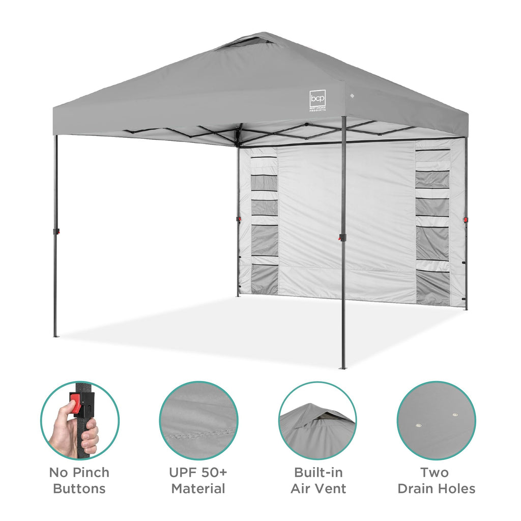 Best Choice Products 10X10Ft Easy Pop Up Canopy W/Side Wall, 10 Pockets, Portable Carrying Case, 1-Button Setup, 4 Weight Bags - Silver