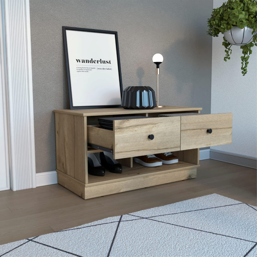Uranus Storage Bench, 2 Drawers, 2 Open Shelves, Light Oak