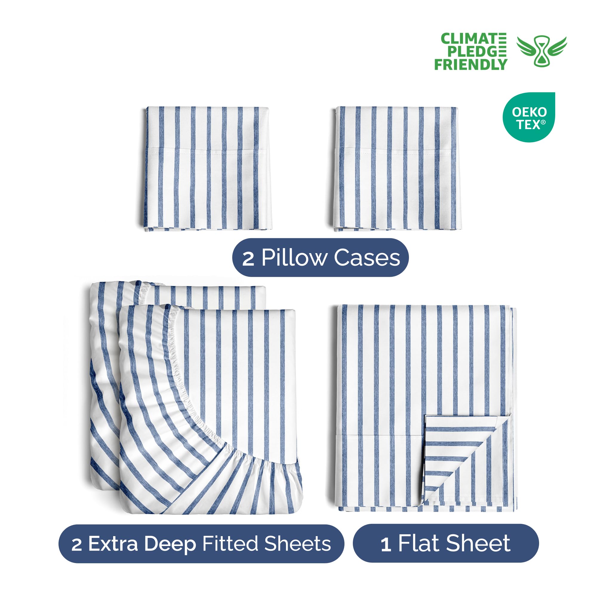 Extra Deep Pocket Split King Sheets - 5 Piece Breathable & Cooling Bed Sheets - Hotel Luxury Bed Sheet Set - Soft, Wrinkle Free & Comfy - Easily Fits Extra Deep Mattresses - Blue Striped Sheets Set