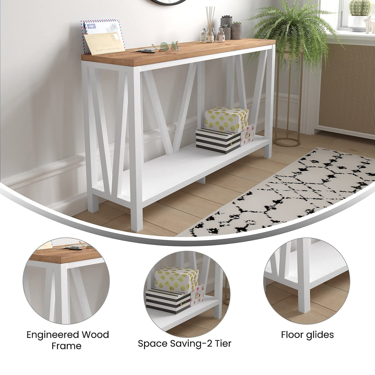 Flash Furniture Charlotte Farmhouse 2-Tier Console Table - Brushed Wash Finish Engineered Wood Frame - Warm Oak Finish Tabletop - For Entryway or Living Room