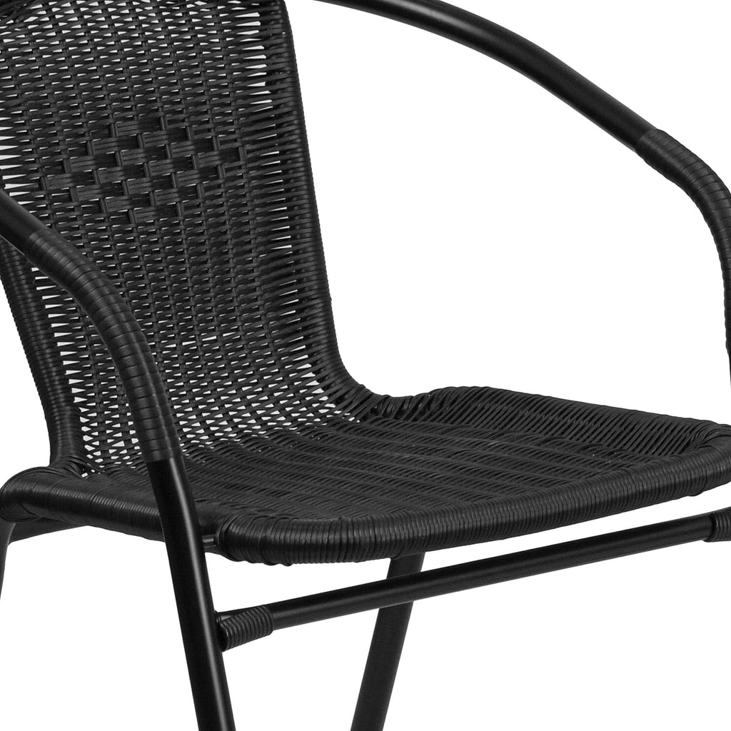 28 Square Glass Metal Table with Black Rattan Edging and 4 Black Rattan Stack Chairs