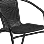 28 Square Glass Metal Table with Black Rattan Edging and 4 Black Rattan Stack Chairs