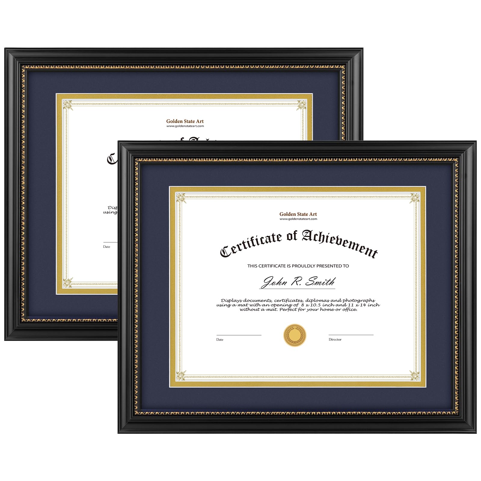 Golden State Art, 8.5x11 Diploma Frame, Solid Wood Black with Gold Trim Certificate Frame, 8.5x11 or 11x14 Diploma Without Mat, 