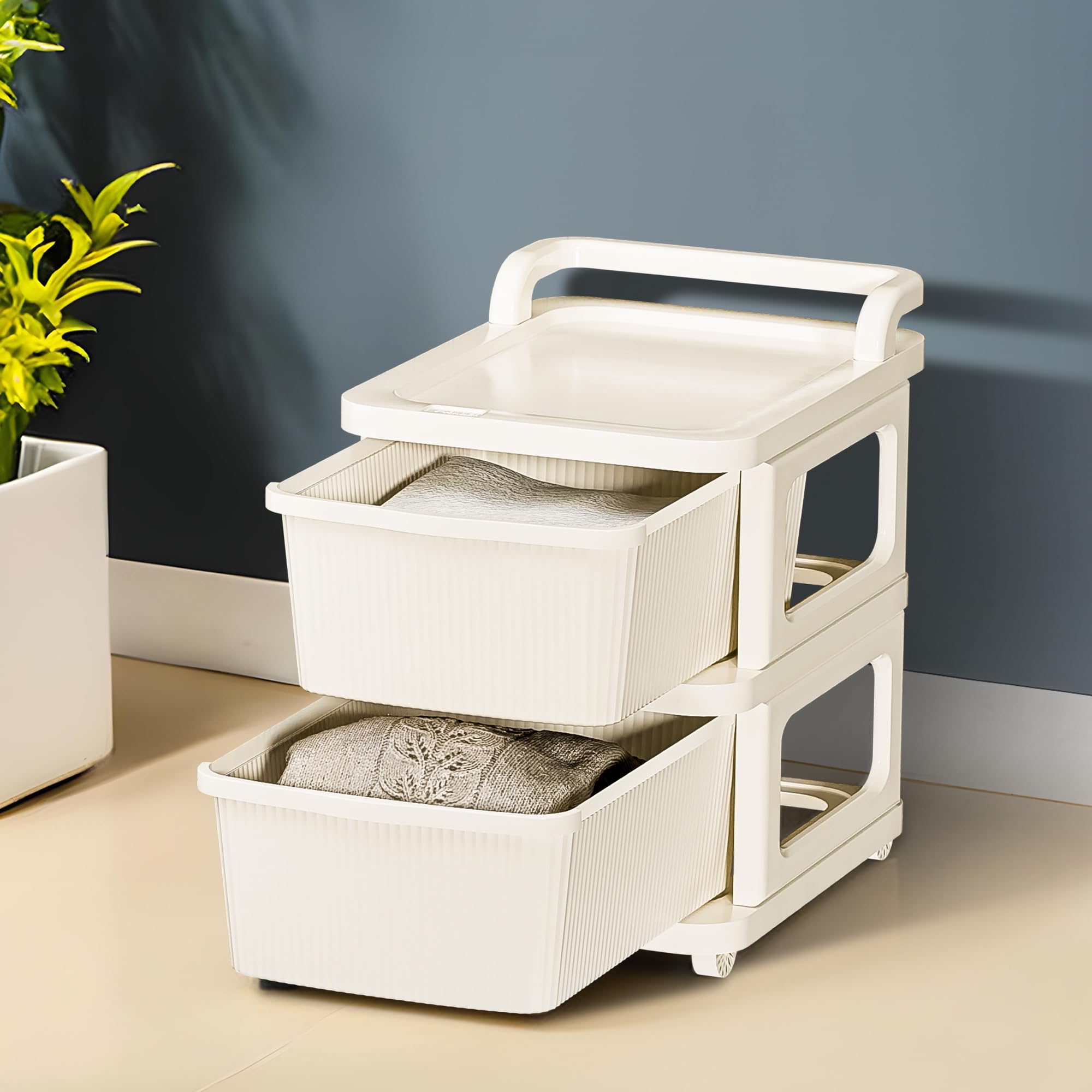 Kuber Industries 2 Layer Plastic Modular Storage Drawer Organizer With Wheels | Chest Of Drawer Storage Box For Living Room, Off