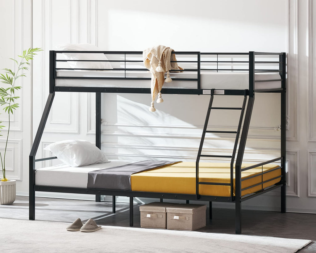 Vingli Twin Over Full Bunk Bed For Kids/Adults With Stairs Flat Rungs, Heavy Duty Metal Slats, No Box Spring Needed, Black