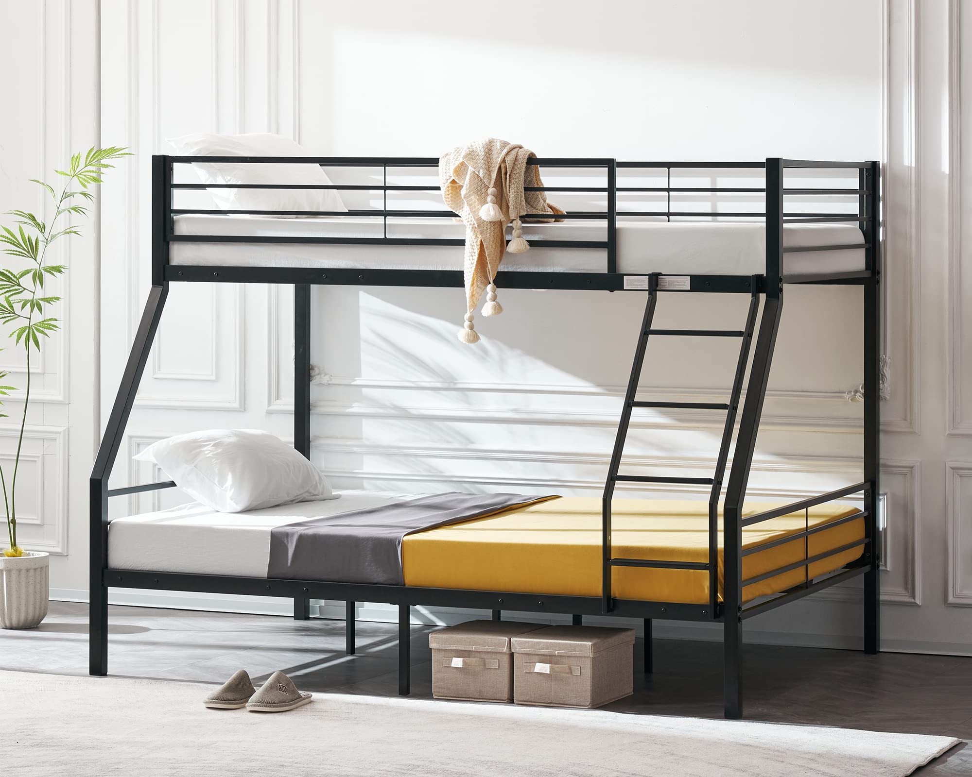 Vingli Twin Over Full Bunk Bed For Kids/Adults With Stairs Flat Rungs, Heavy Duty Metal Slats, No Box Spring Needed, Black