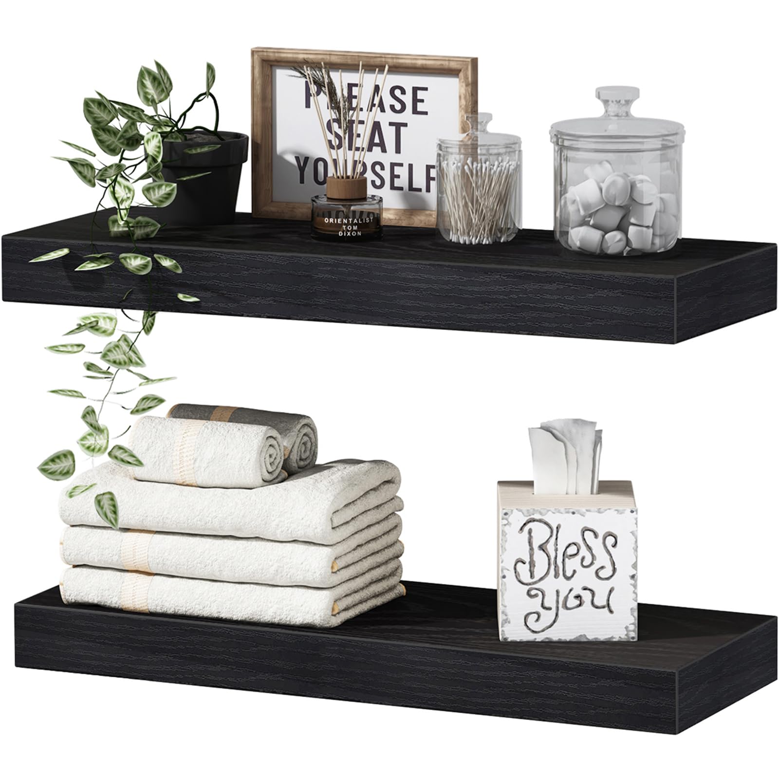 QEEIG Black Bathroom Shelves Floating Shelves for Wall Shelf Over Toilet Small Wall Mounted Modern Farmhouse 16 inch Set of 2 (0