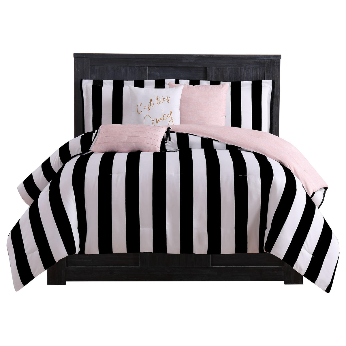 Juicy Couture Jyz010171 Cabana Stripe 6-Piece Reversible Set, King, Canaba Stripe Black