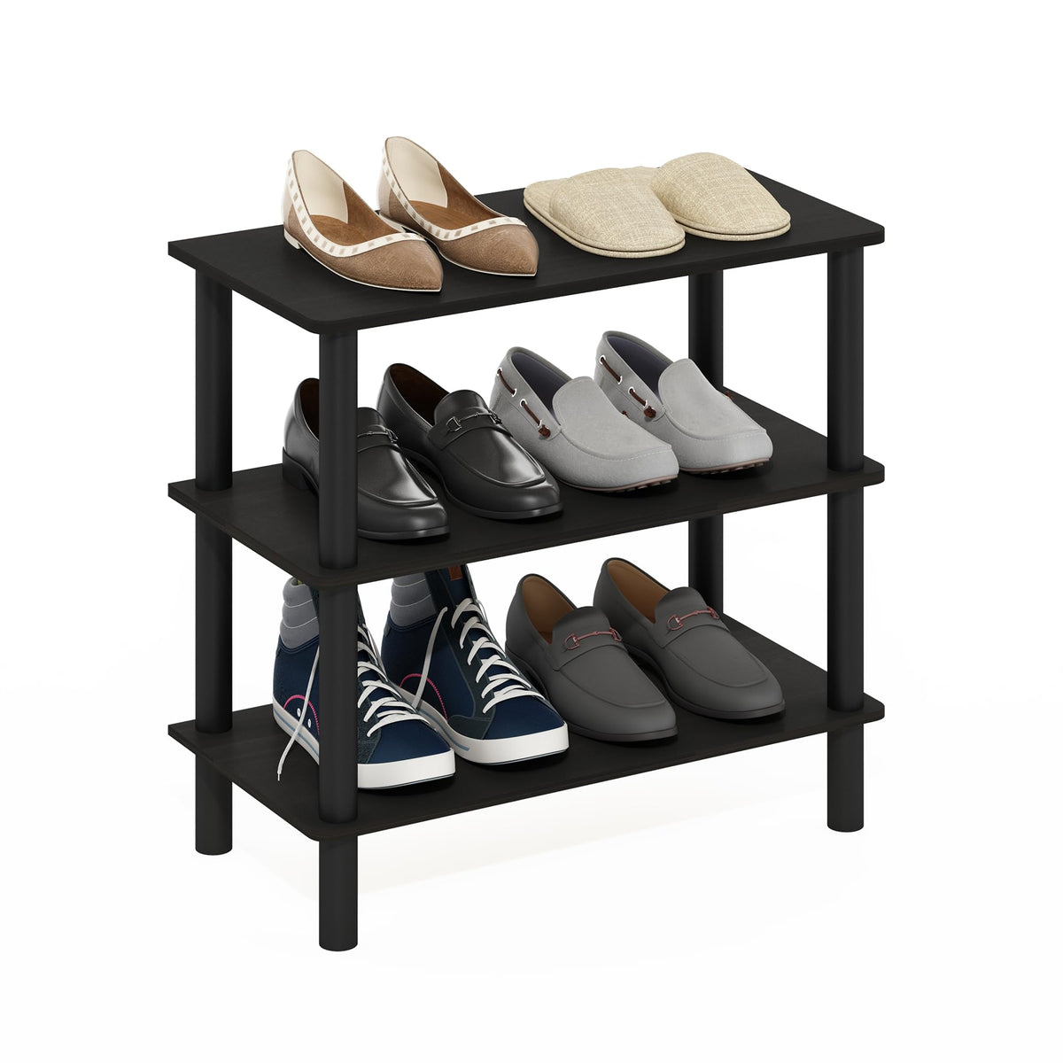 Furinno Turn-N-Tube 23-Inch 3-Tier Freestanding Shoe Rack Storage Organizer, Espresso/Black