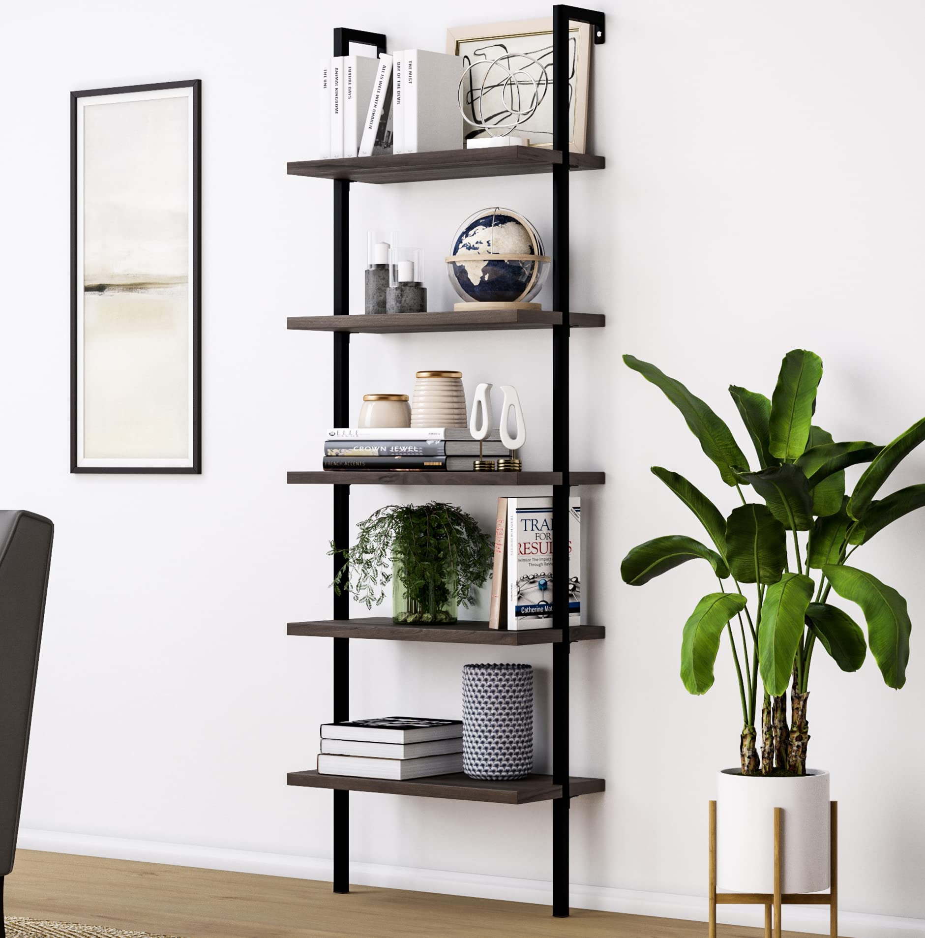 Nathan James Theo 5-Shelf Wood Modern Bookcase, Open Wall Mount Ladder Bookshelf with Industrial Metal Frame, Dark Brown Nutmeg/