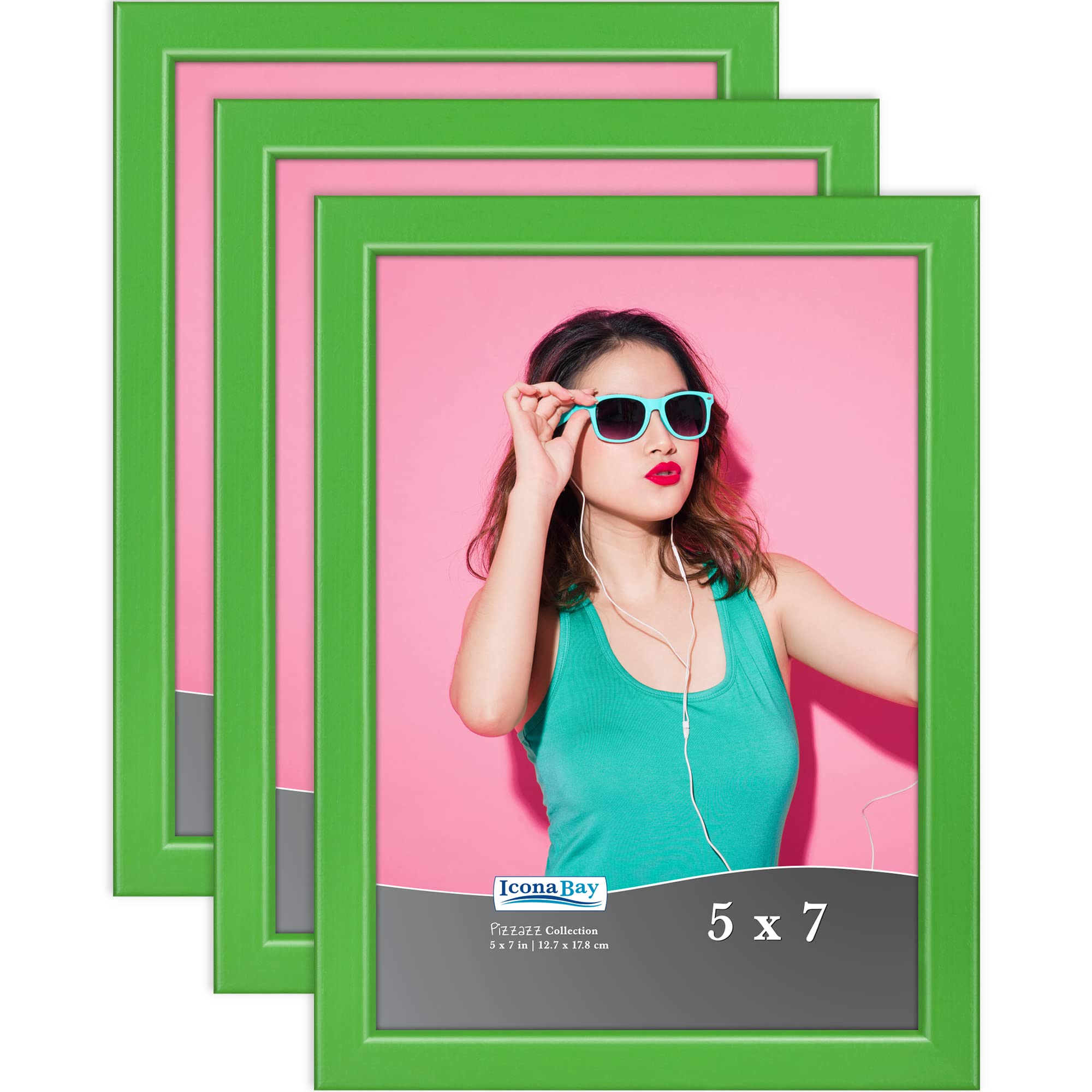 Icona Bay 5x7 Picture Frames (Green, 3 Pack), Colored Solid Wood Scandinavian Style Frames for Photo, Pizzazz Collection