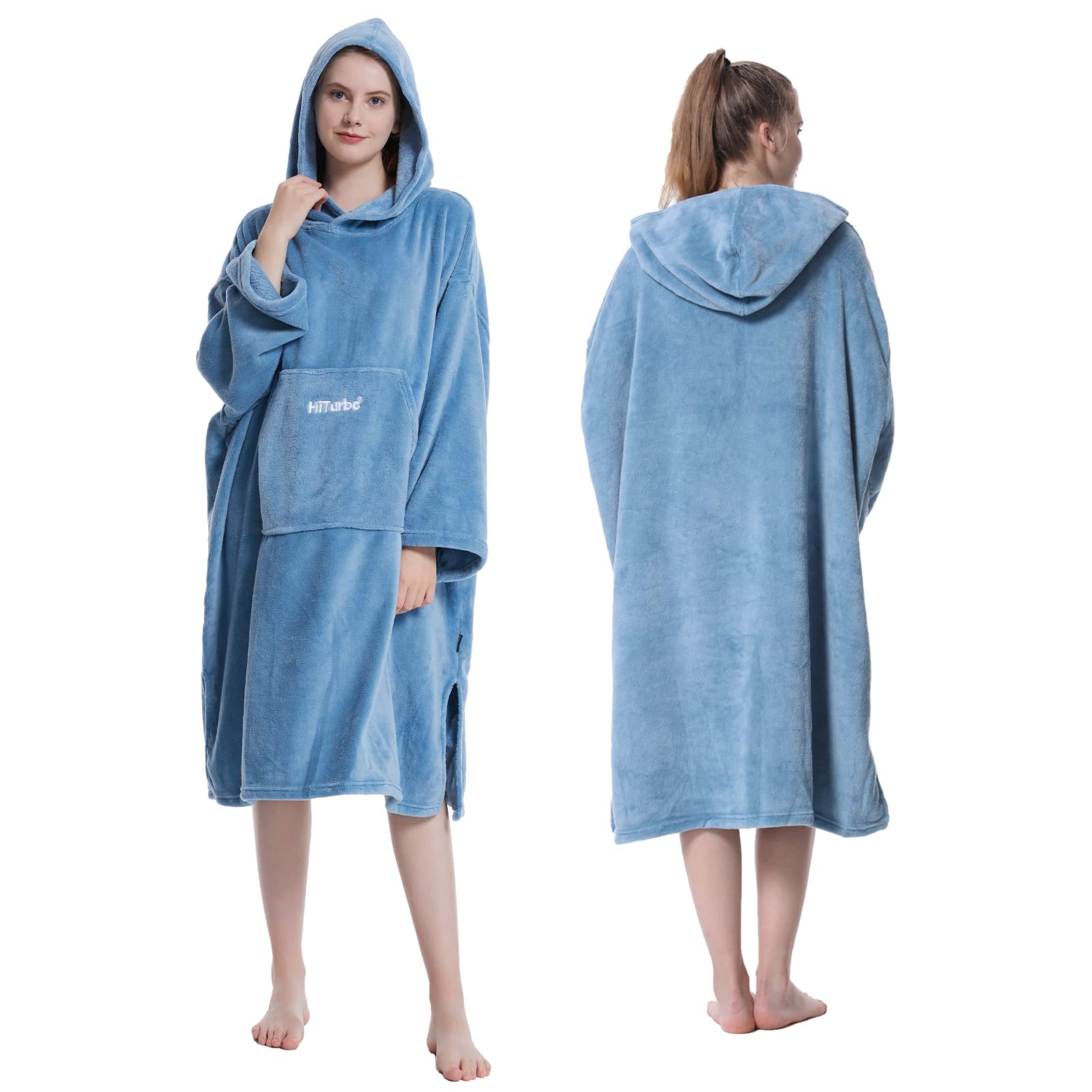 Hiturbo Plush Changing Robe, Fluffy Wearable Blanket, Soft Oversize Hooded Towel Surf Poncho With Pocket For Aquatics & Home (Bl