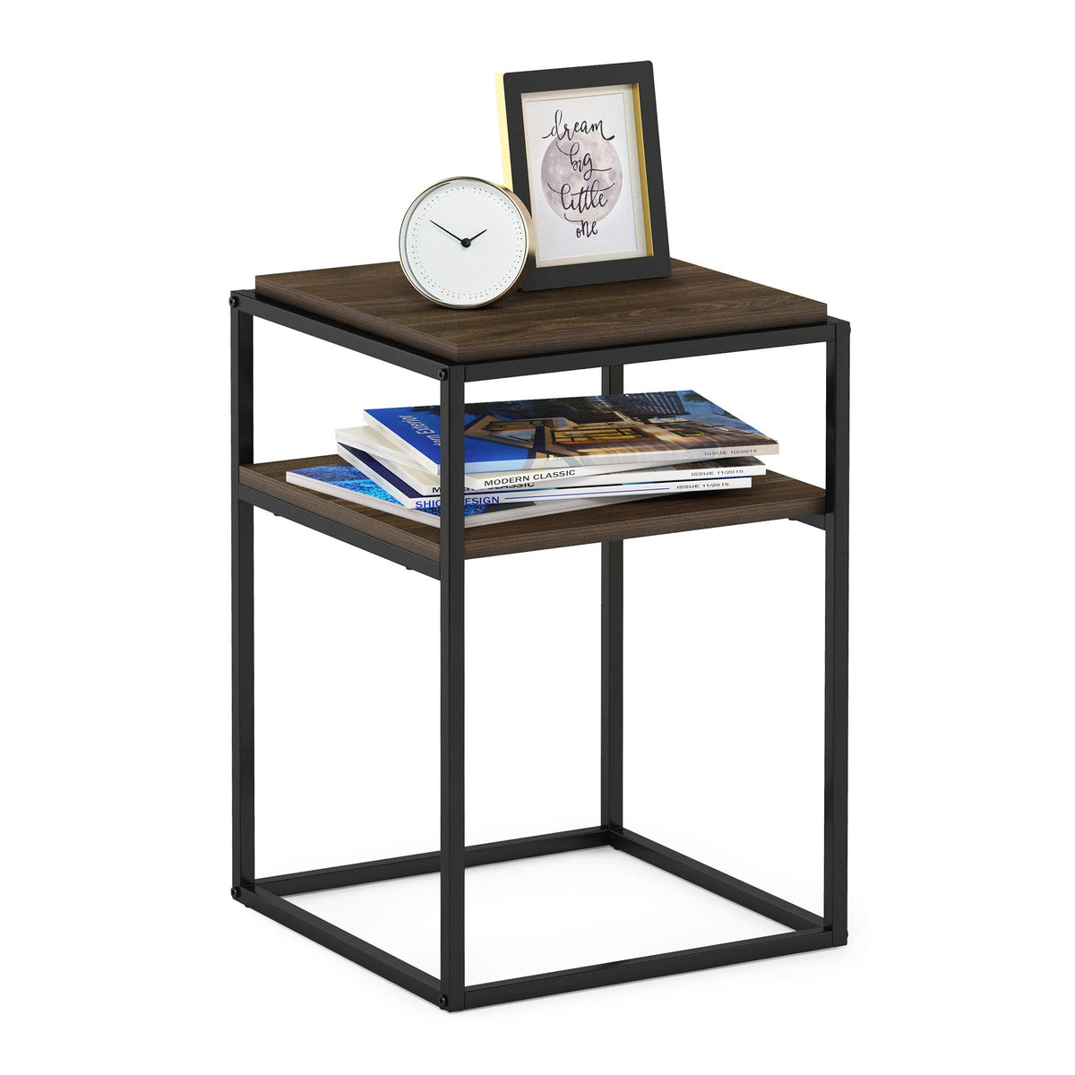 Furinno Simplistic End Side Night Stand/Bedside Table With Stainless Steel Tubes, Stackable Metal Frame, Columbia Walnut