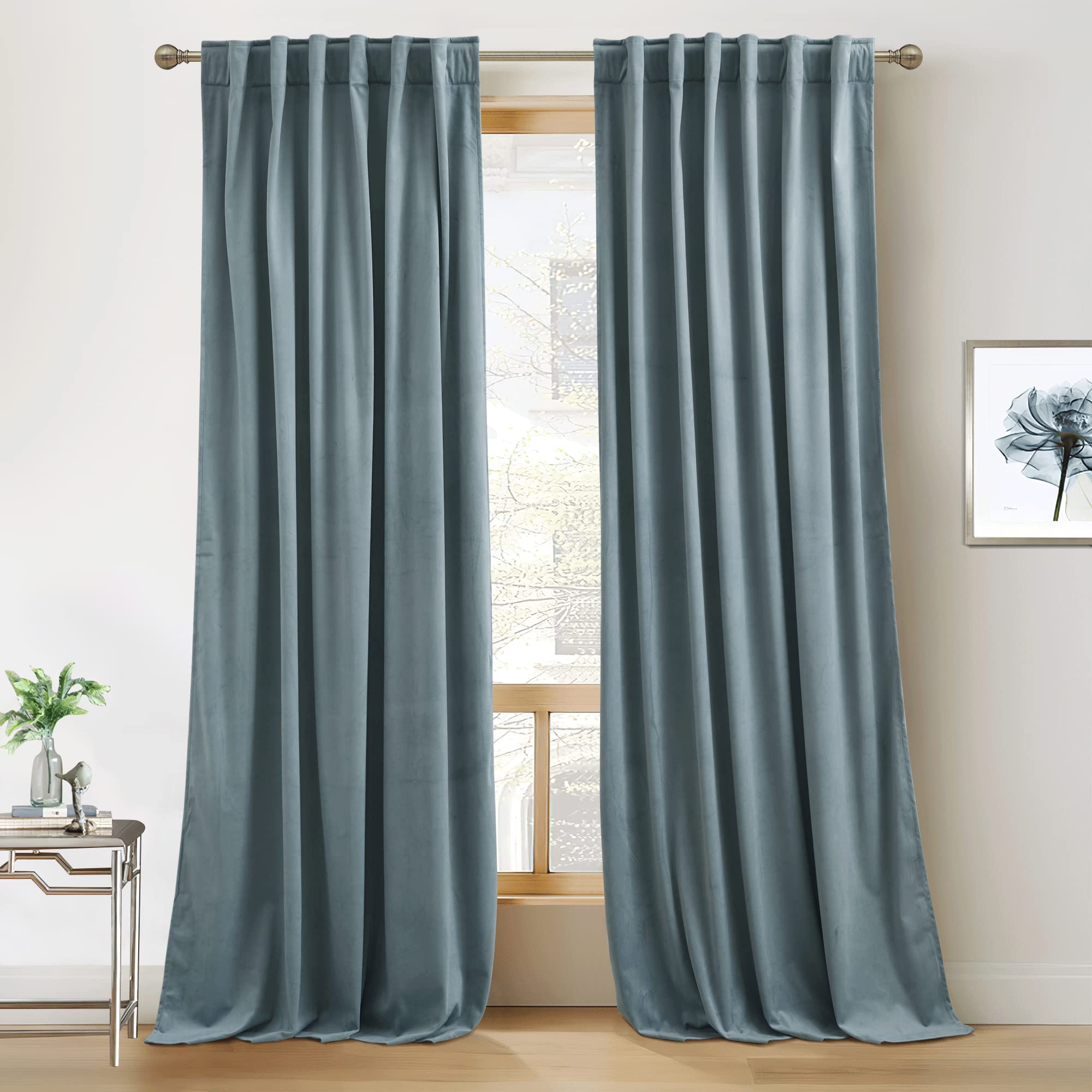 Ryb Home Velvet Curtains 102 Inches Long, Back Tab Room Darkening Noise Reducing Window Treatment For Living Room Bedroom Privacy Protect For Stuido, Stone Blue, W52 X L102 Inch, 2 Panels