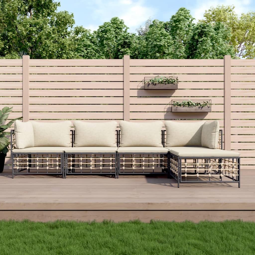 vidaXL 5-Piece Patio Lounge Set - Weather-Resistant Anthracite Poly Rattan Outdoor Furniture with Cushions - Powder-Coated Steel Frame for Garden and Terrace