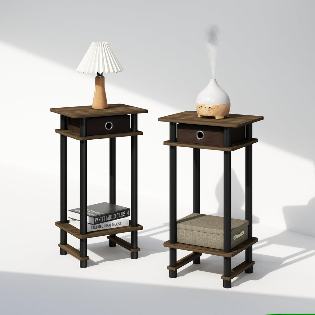 Furinno Turn-N-Tube Tall Nightstand With Bin, 2-Pack, Plastic Poles, Columbia Walnut/Black/Dark Brown
